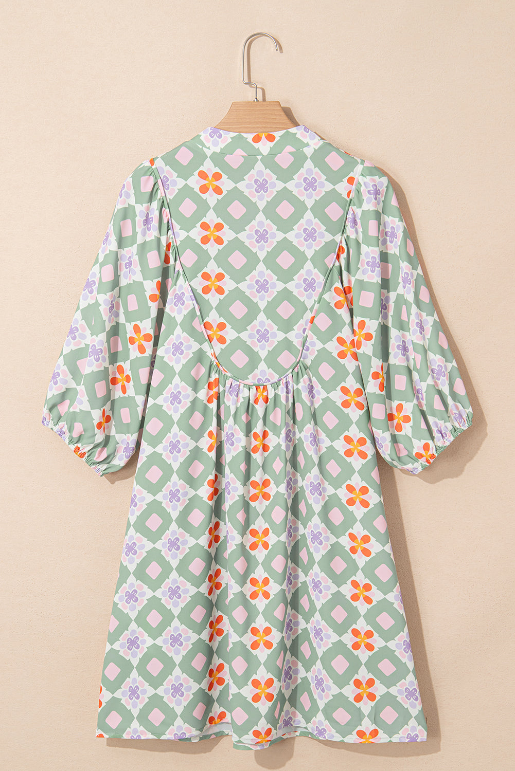 Green Geometric Floral Print Layered Flutter Sleeve V Neck Ric Rac Trim Blouse