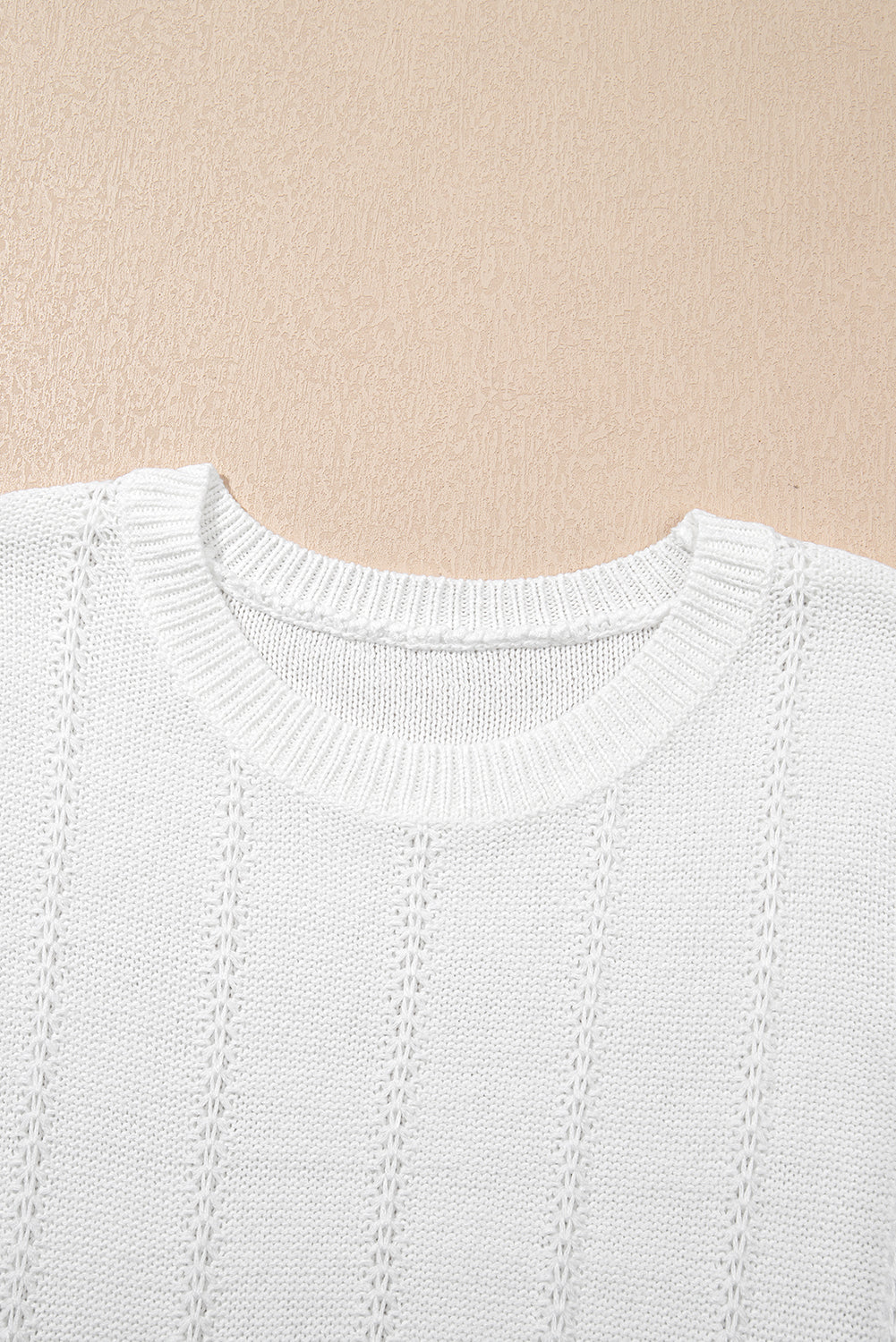 White Pointelle Knit Short Puff Sleeve Crewneck Sweater