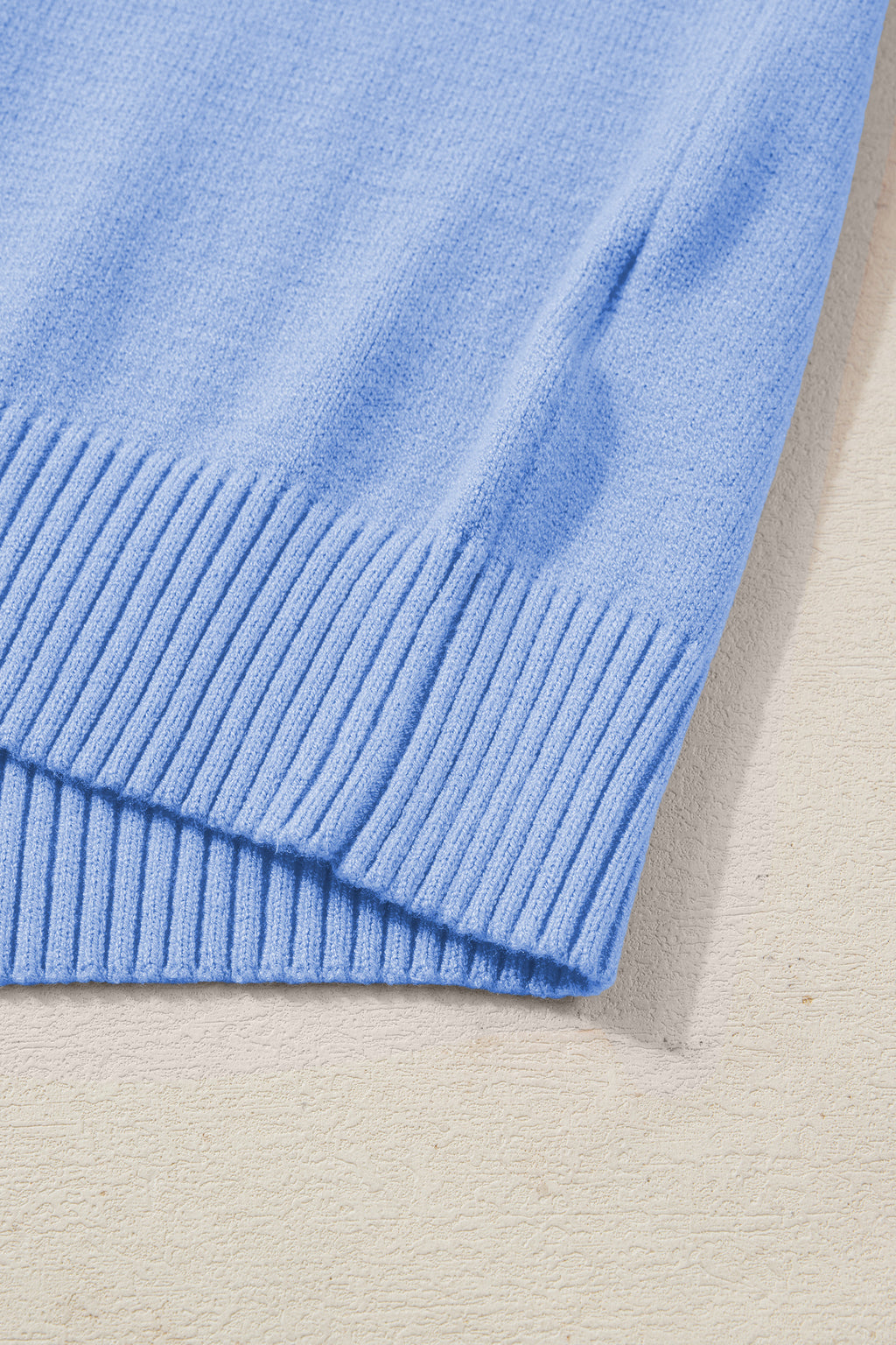 Beau Blue Solid Color Ribbed Trim Round Neck Ruffle Short Sleeve Sweater
