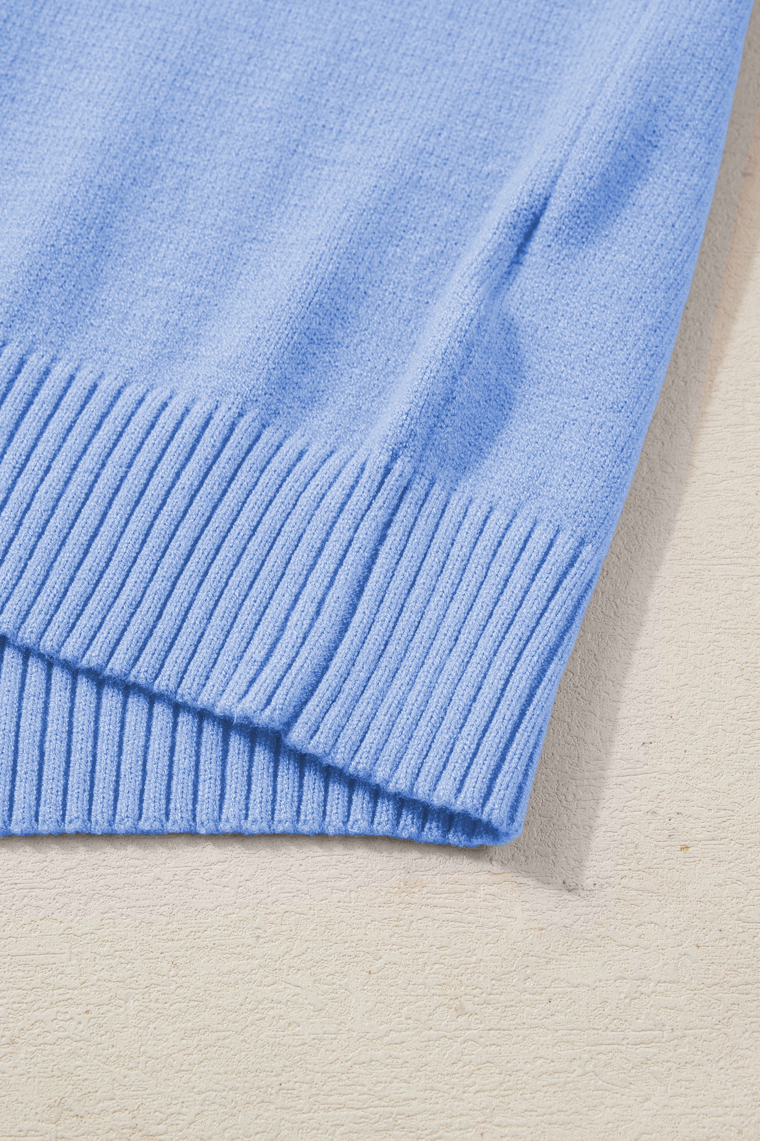 Beau Blue Solid Color Ribbed Trim Round Neck Ruffle Short Sleeve Sweater