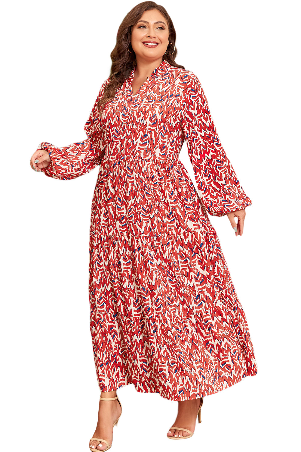 Orange Abstract Print V Neck Pleated High Waist Midi Dress