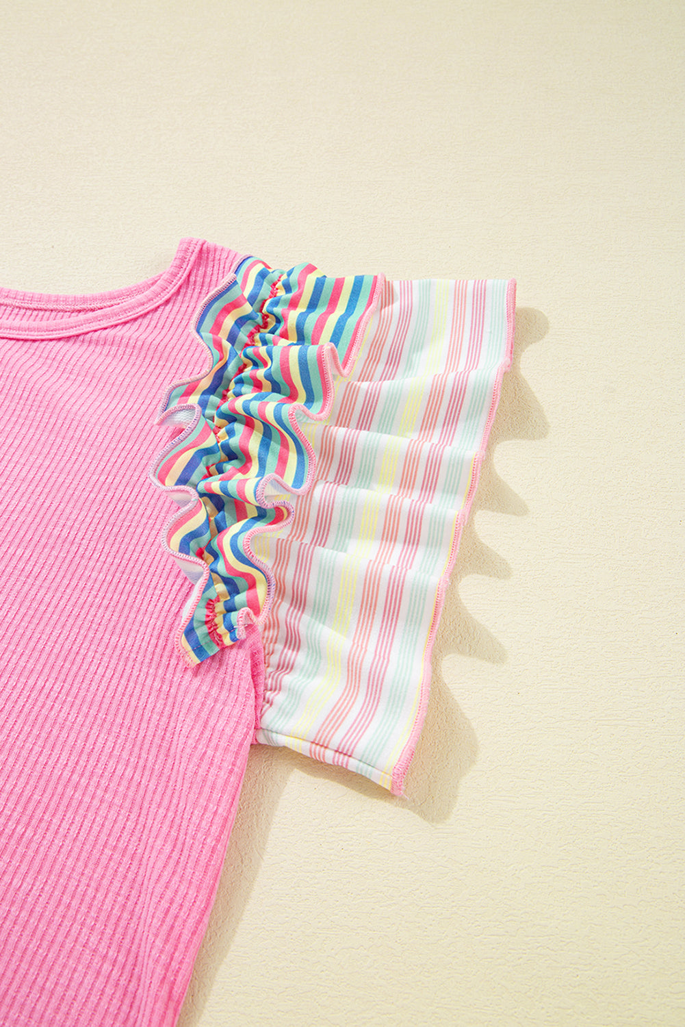 Bonbon Striped Ruffle Flutter Sleeve Ribbed Blouse
