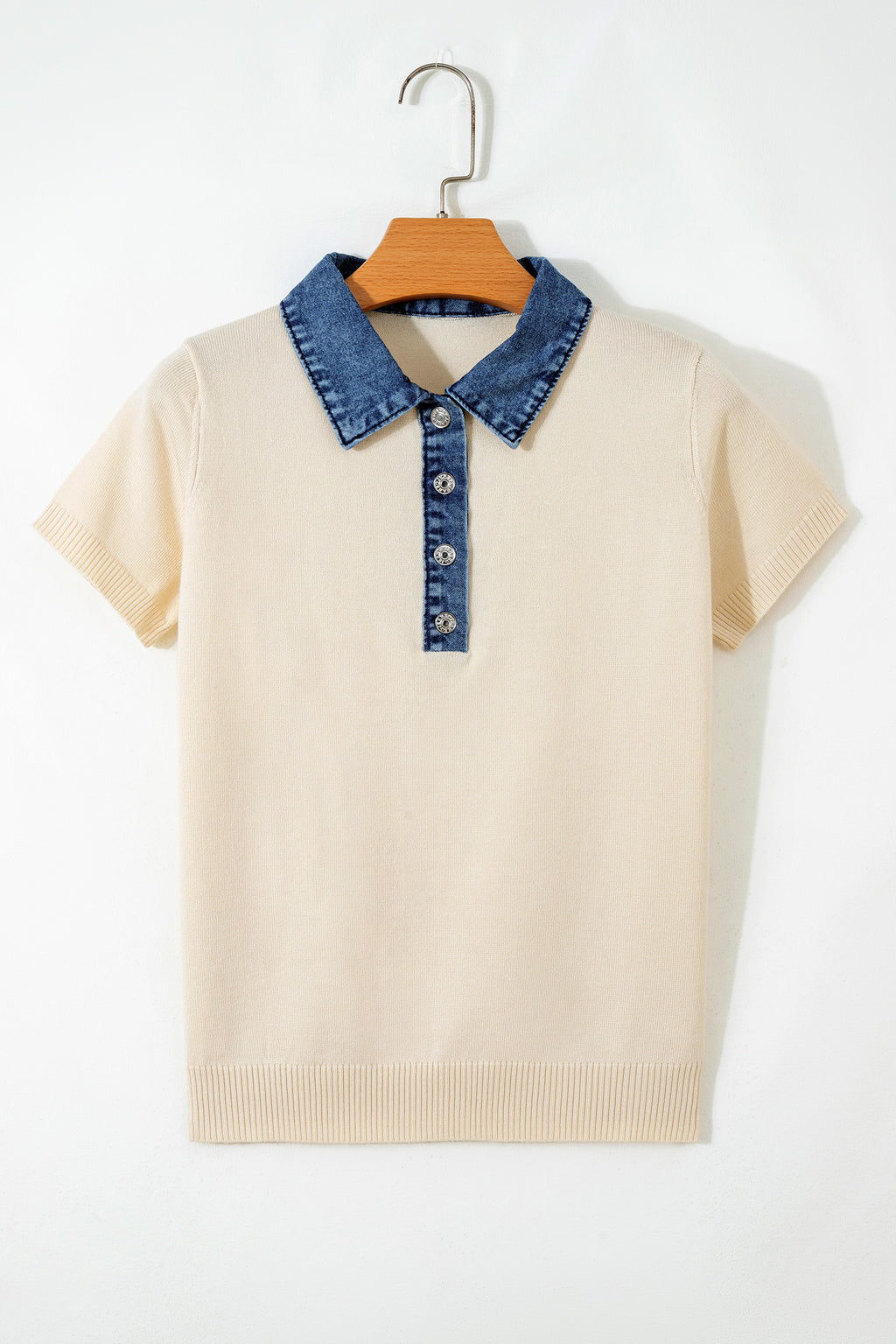 Beige Leopard Patchwork Half Button Short Sleeve Top