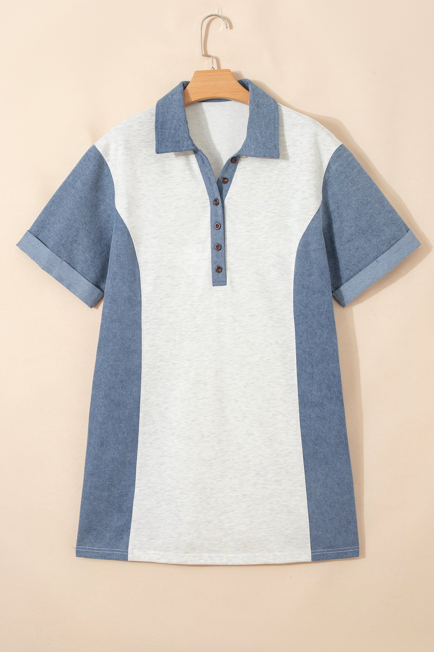 Beige Leopard Patchwork Half Button Short Sleeve Top