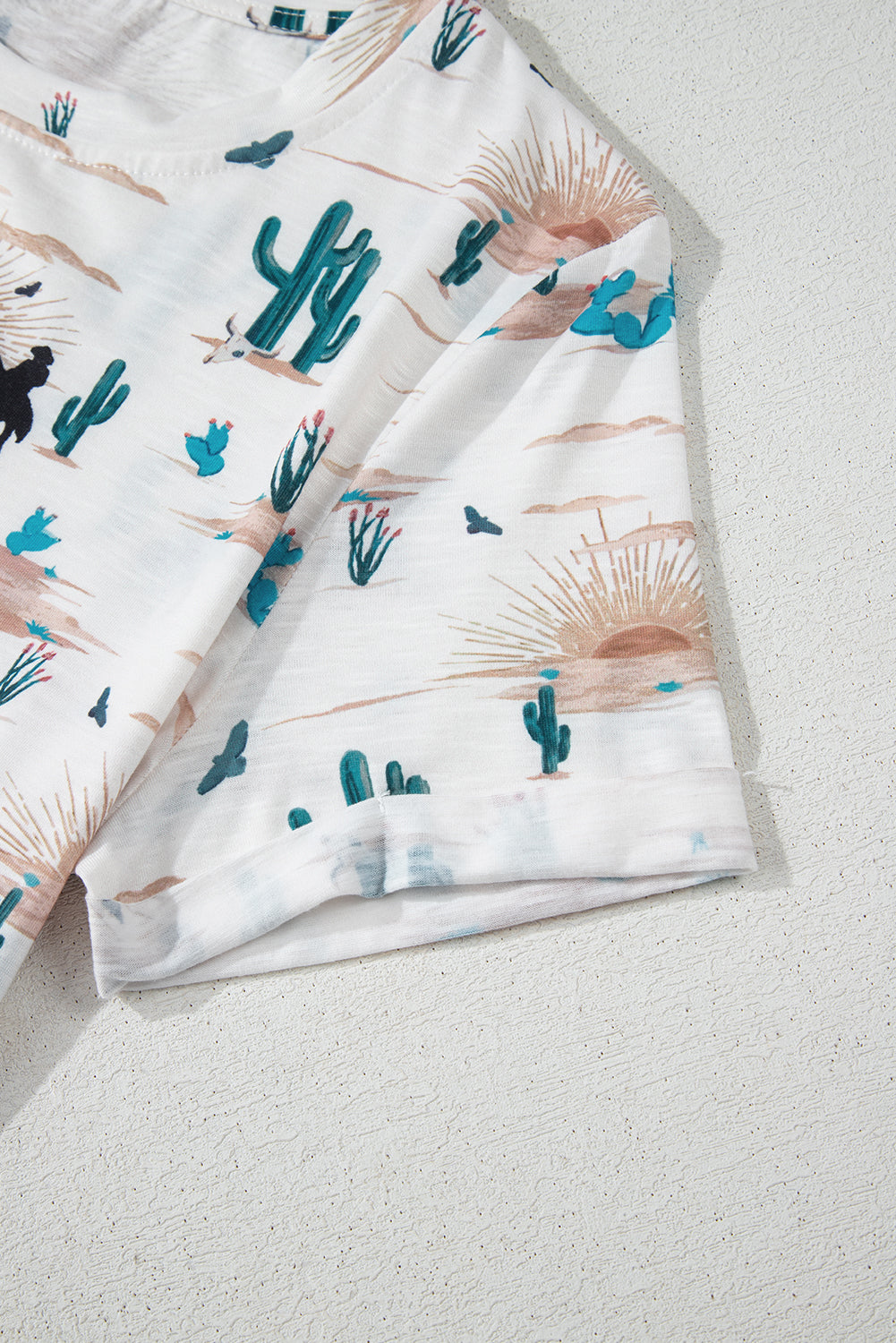 Beige Western Cactus Print Crew Neck Short Sleeve Top