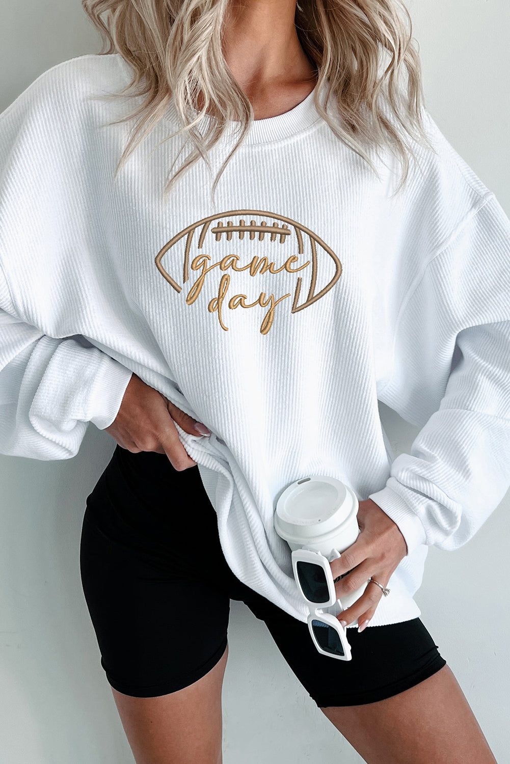 Apricot Rugby Game Day Embroidered Corduroy Sweatshirt