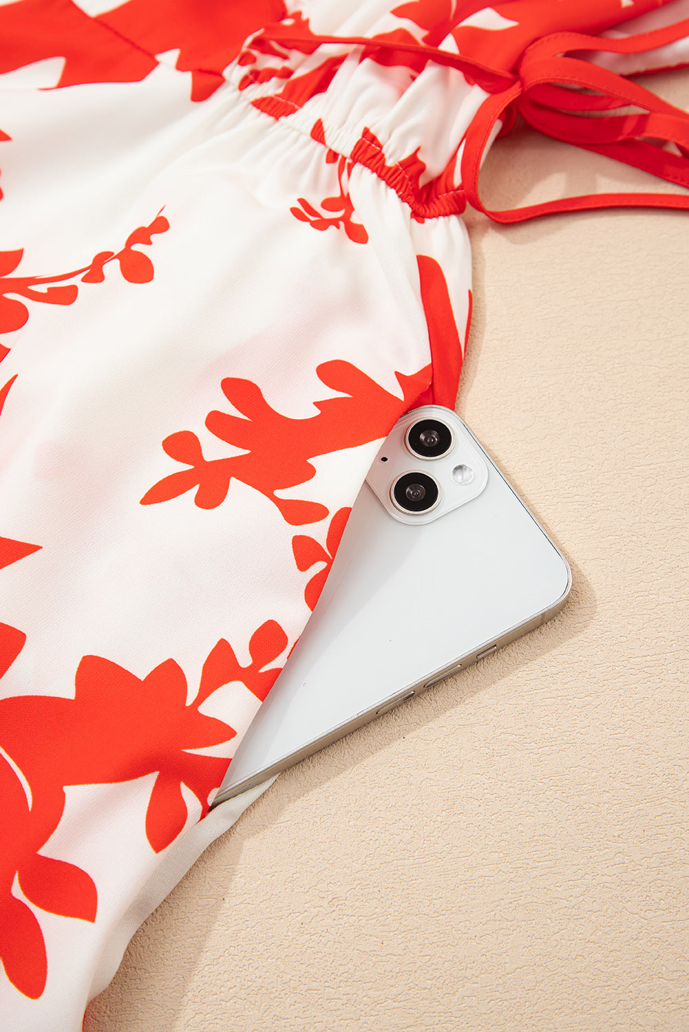 Red Floral Print Trimmed V Neck Ruffle Sleeve Long Dress