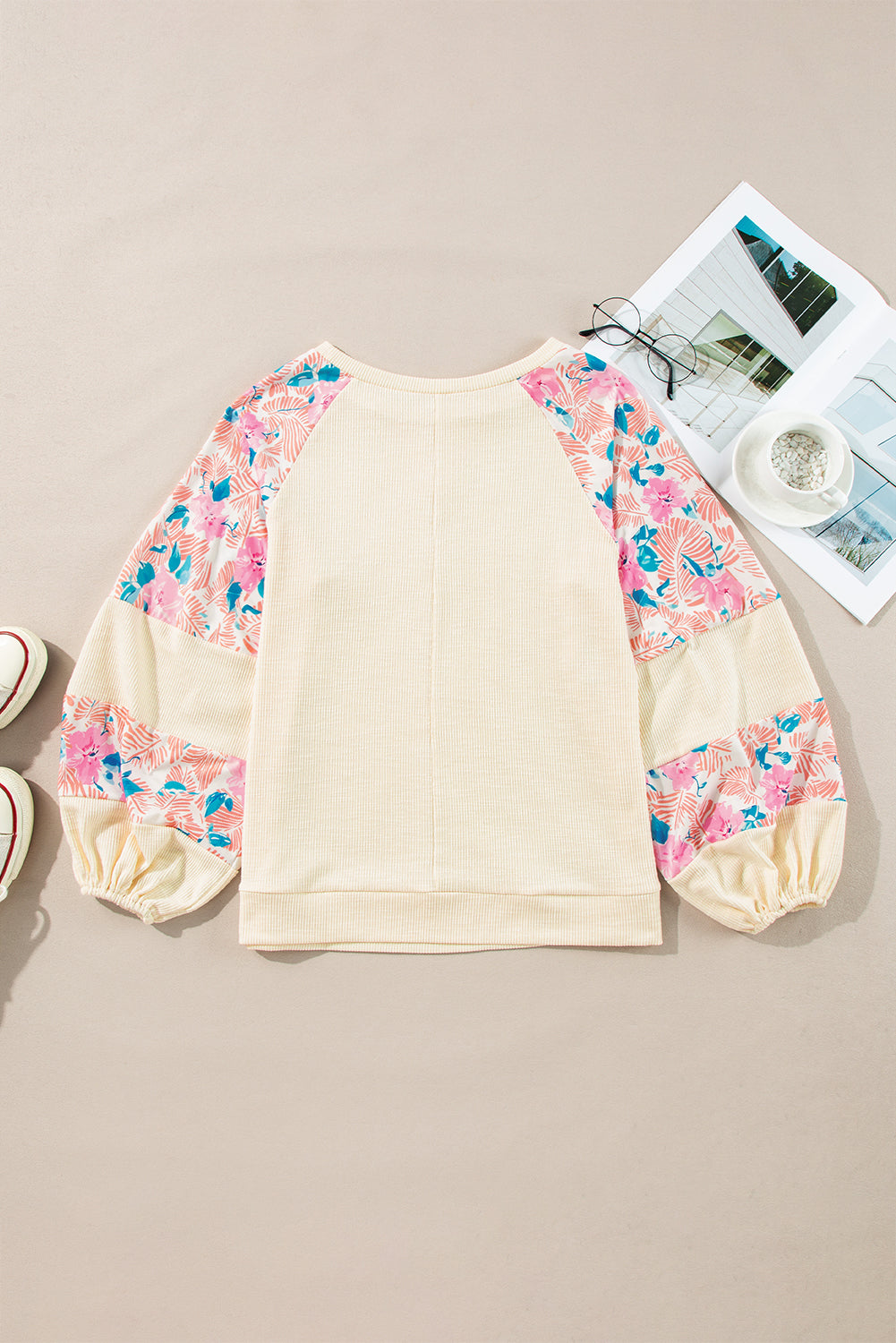 Apricot Plus Size Floral Patchwork Ribbed Puff Sleeve Top