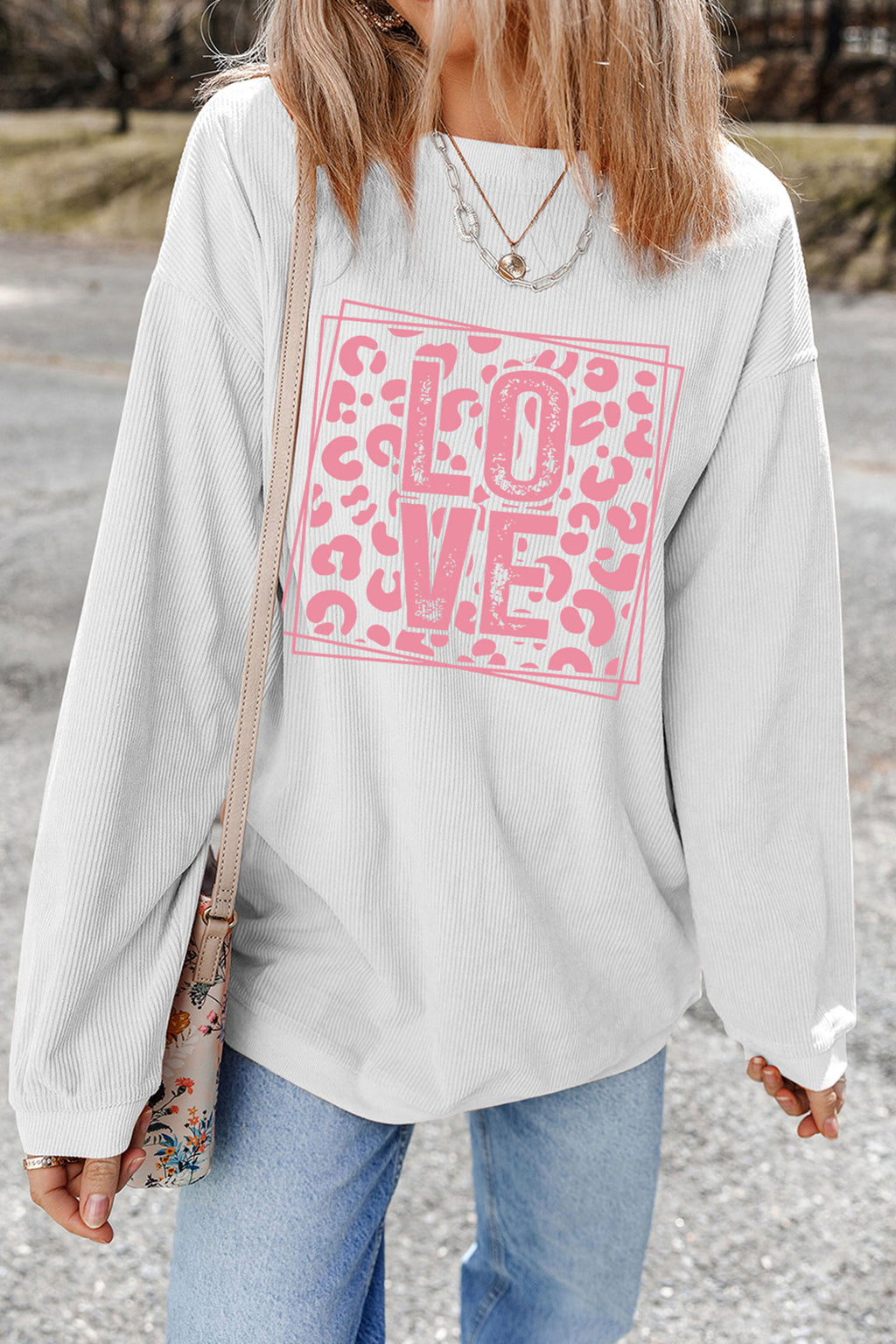 White Corded Ribbed LOVE Leopard Printed Design Drop Shoulder Sweatshirt