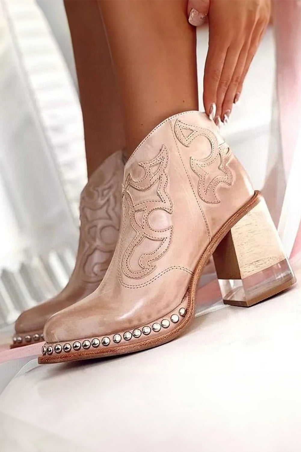 Light French Beige Western Embroidered PU?Leather Studded Detail High Heel Ankle Boots