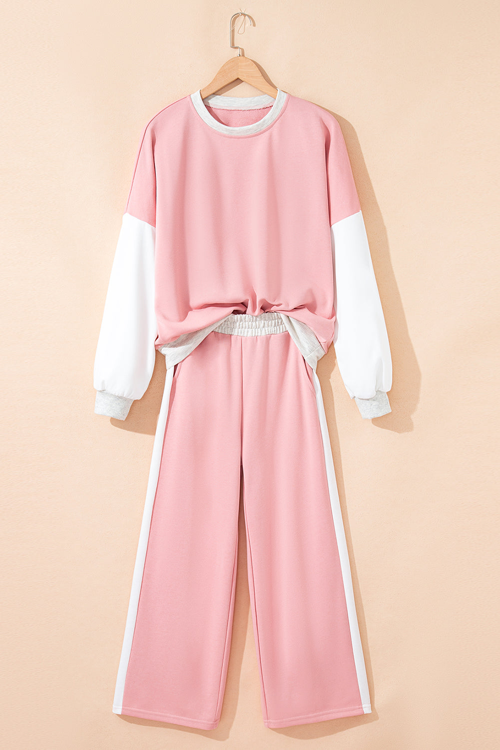 Apricot 2pcs Color Block Pullover Loose Pant Set
