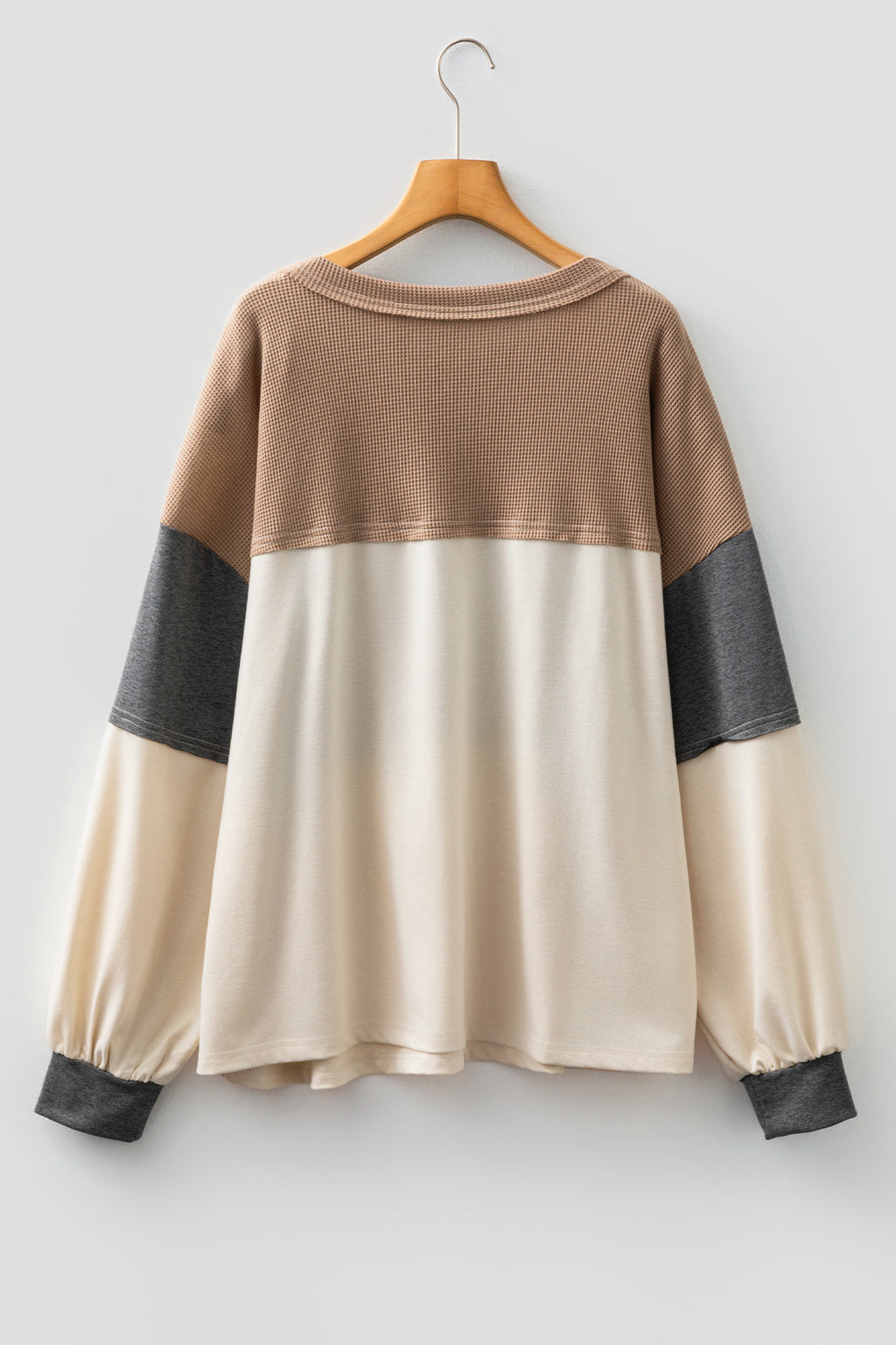 Jet Stream Color Block Waffled Patchwork Loose Henley Top