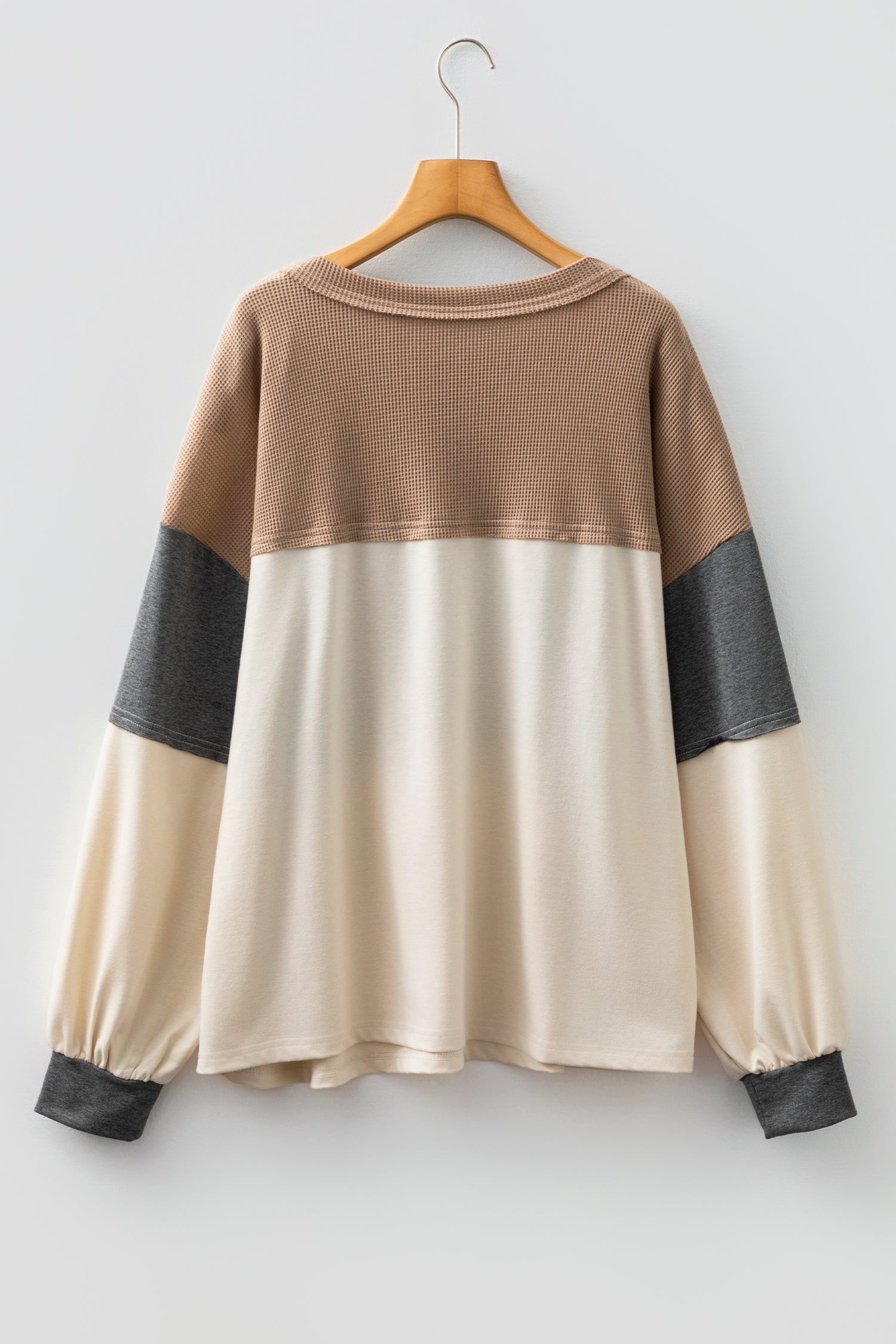 Jet Stream Color Block Waffled Patchwork Loose Henley Top