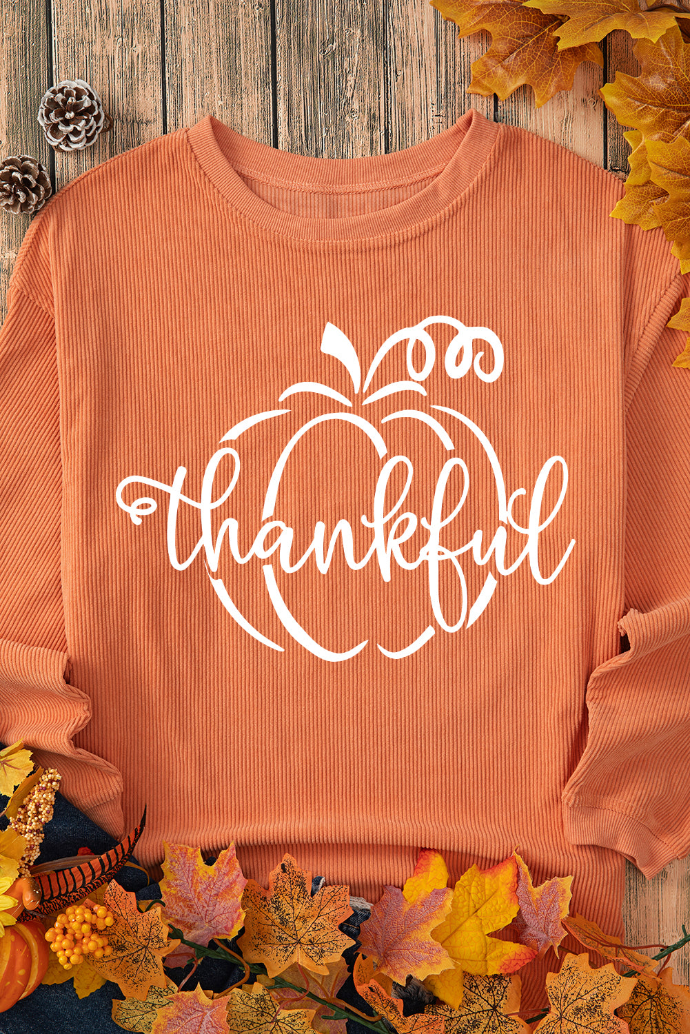 Orange Thankful Ribbed Crew Neck Thanksgiving Sweatshirt