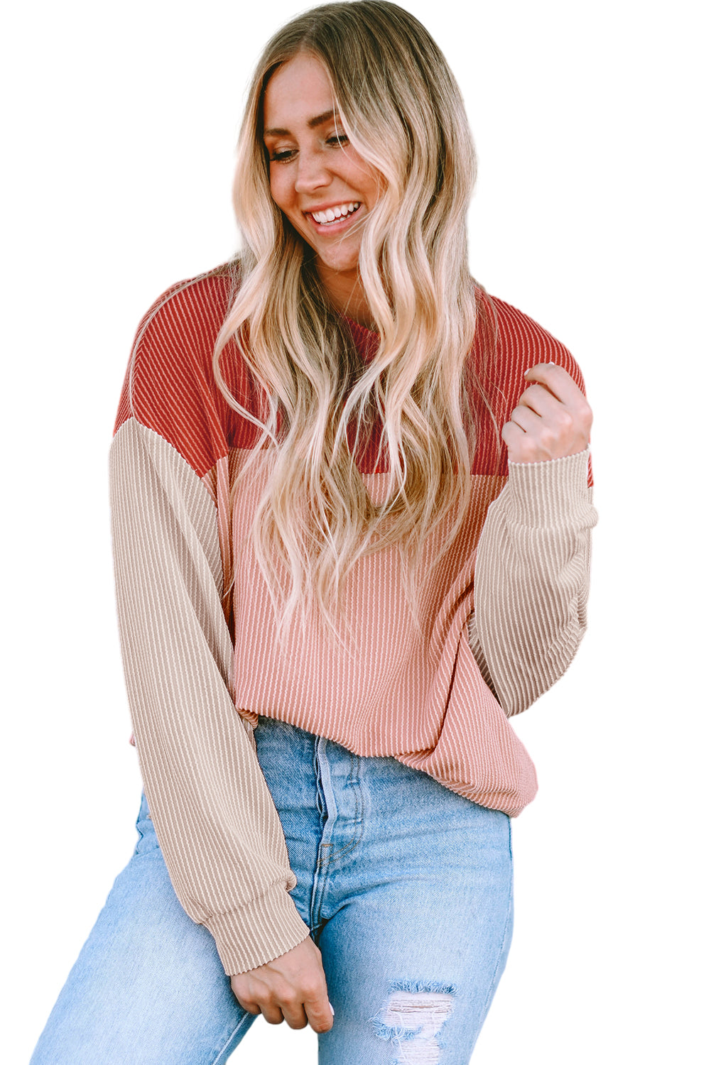 Pale Chestnut Color Block Corded Long Sleeve Top