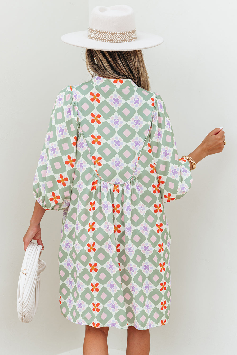 Green Geometric Floral Print Layered Flutter Sleeve V Neck Ric Rac Trim Blouse