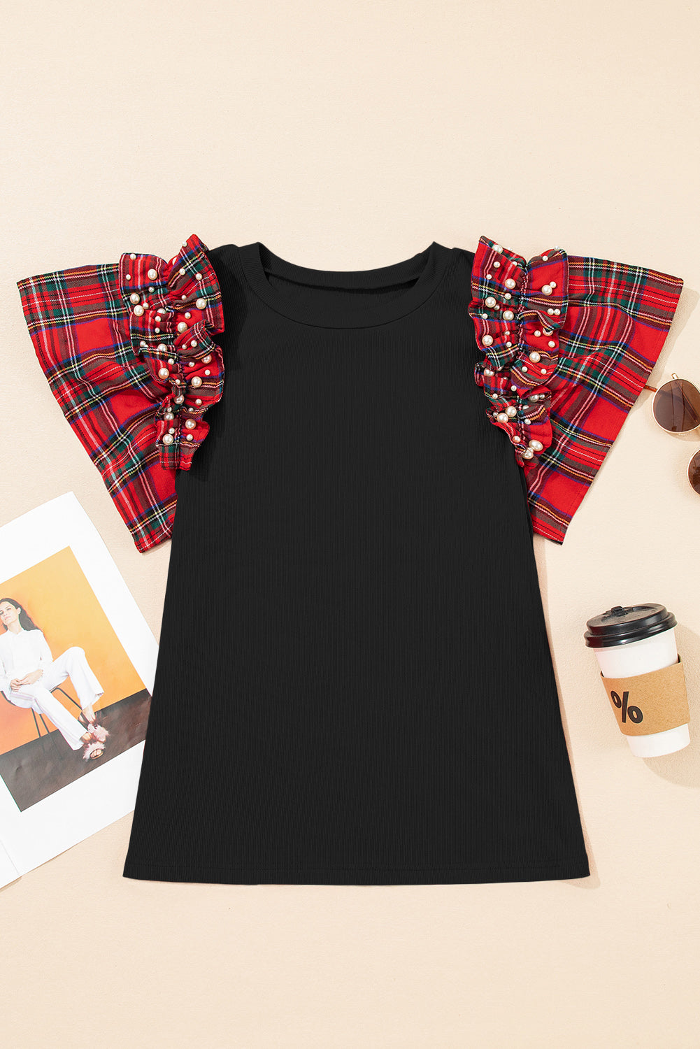Red Festive Plaid Pearl Embellished Ruffle Short Sleeve Blouse