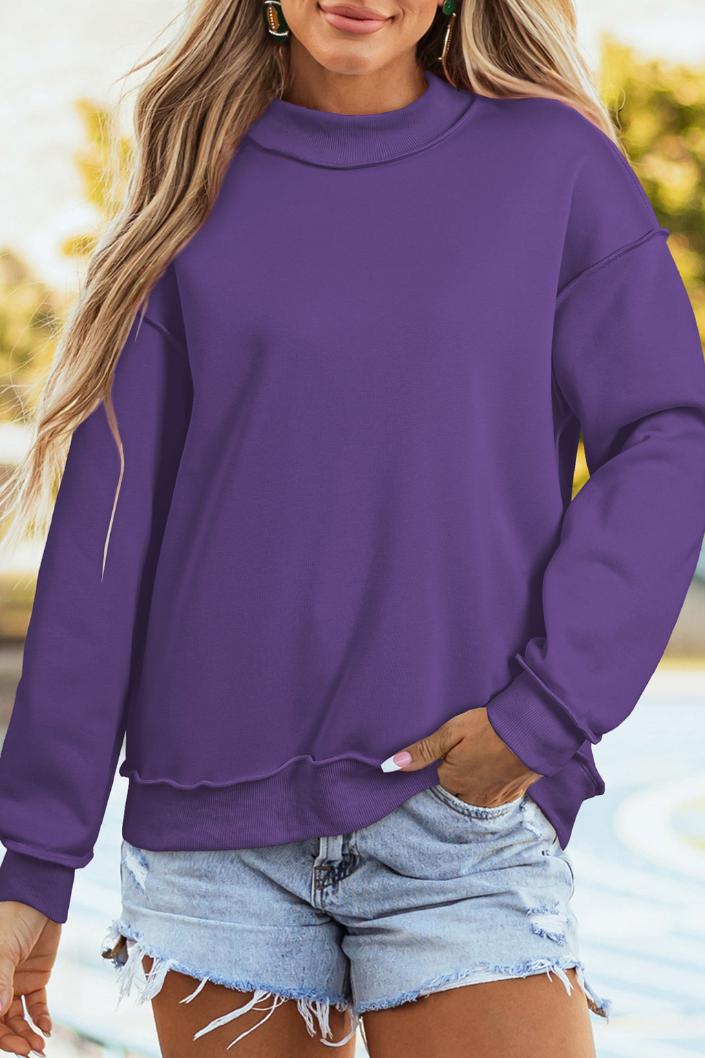 Bright Pink Oversize Blessed Embroidered Mock Neck Sweatshirt