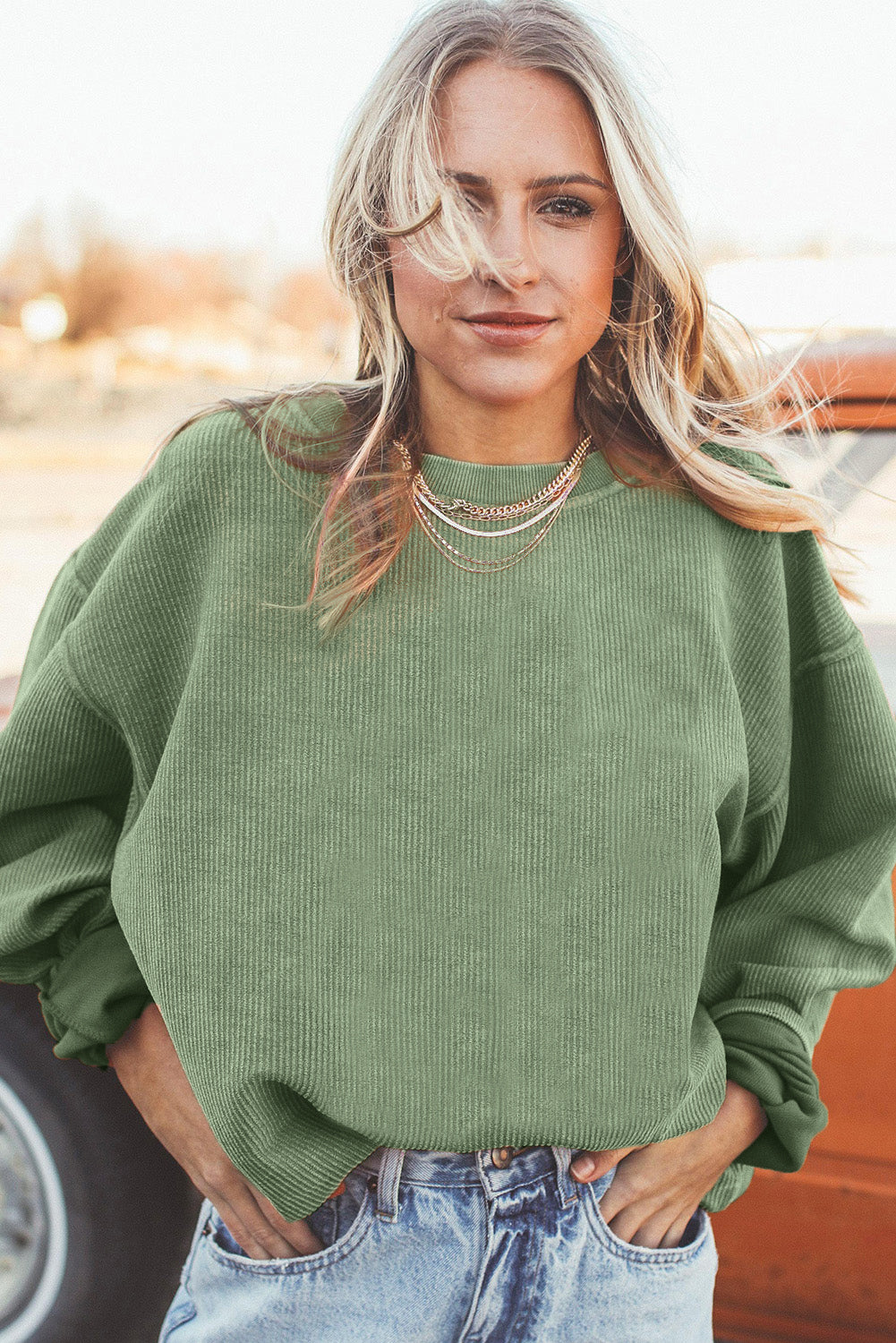 Grass Green Ribbed Corded Oversized Sweatshirt