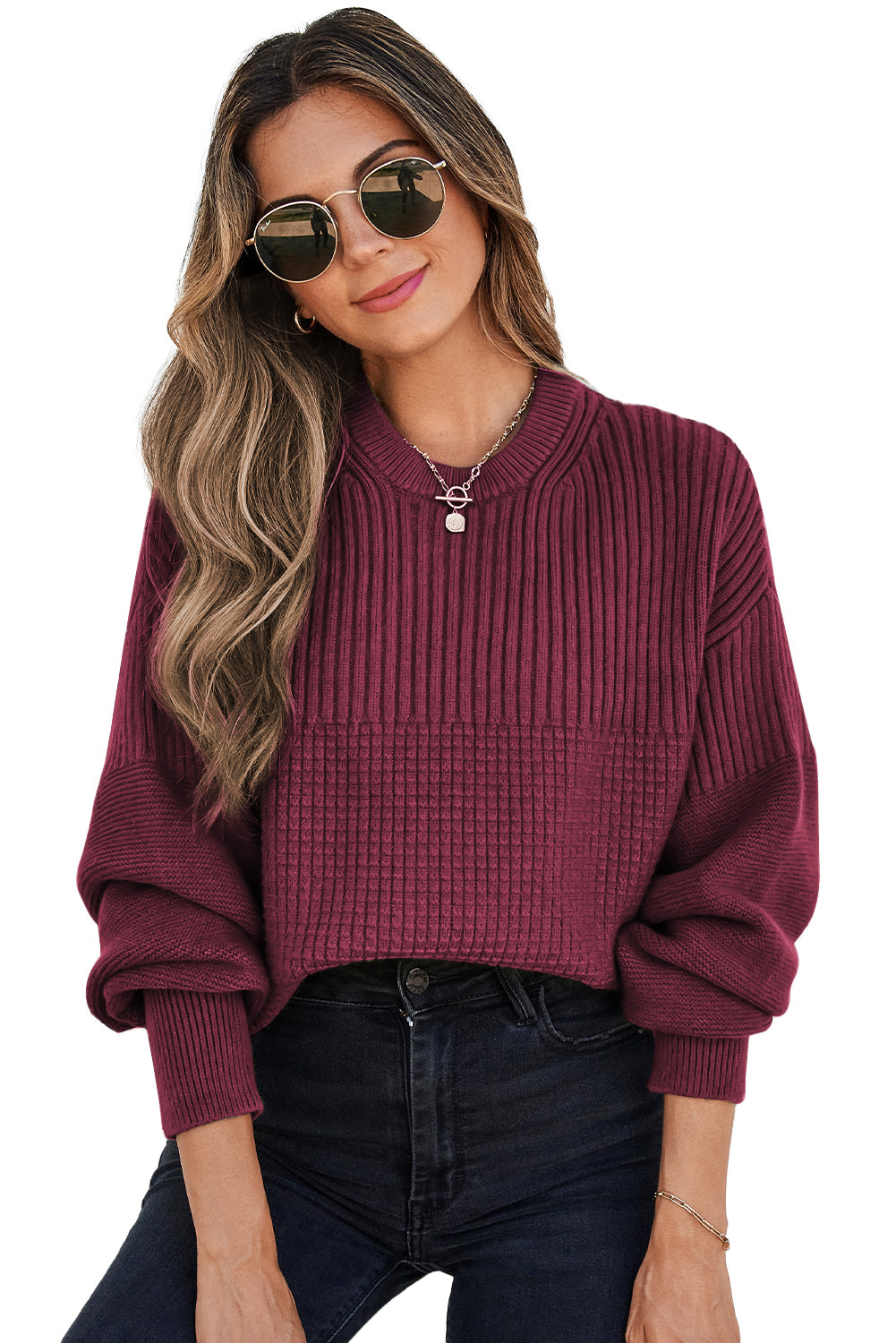 Vineyard Green Solid Color Mixed Textured Knitted Crew Neck Sweater