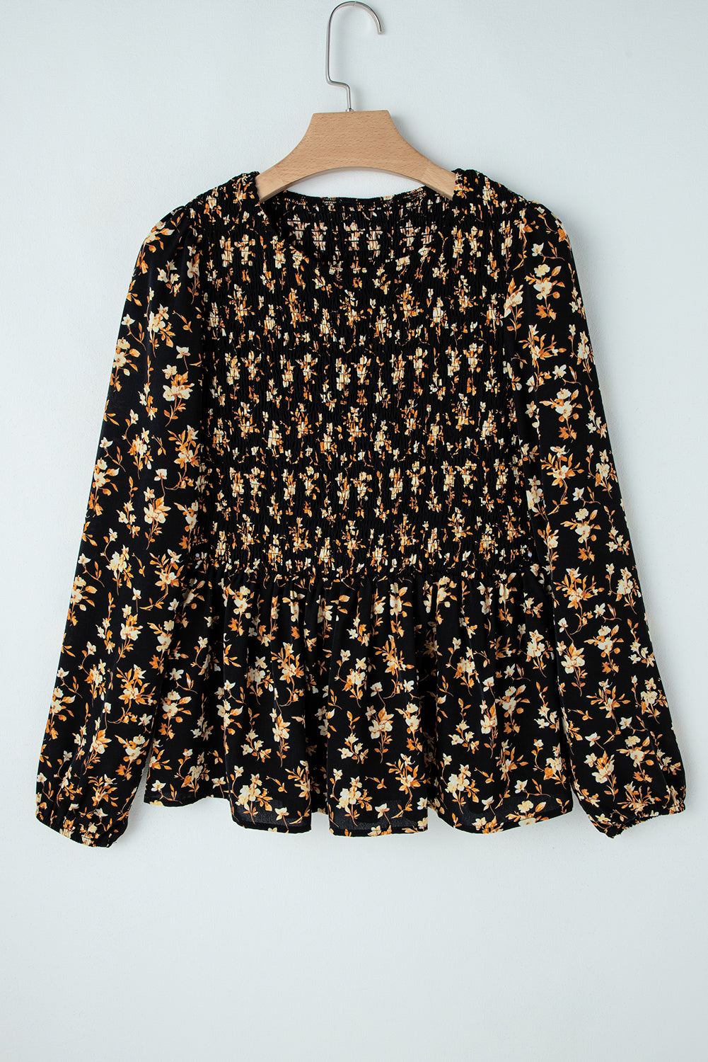 Black Boho Floral Smocked Bust Ruffled Peplum Blouse