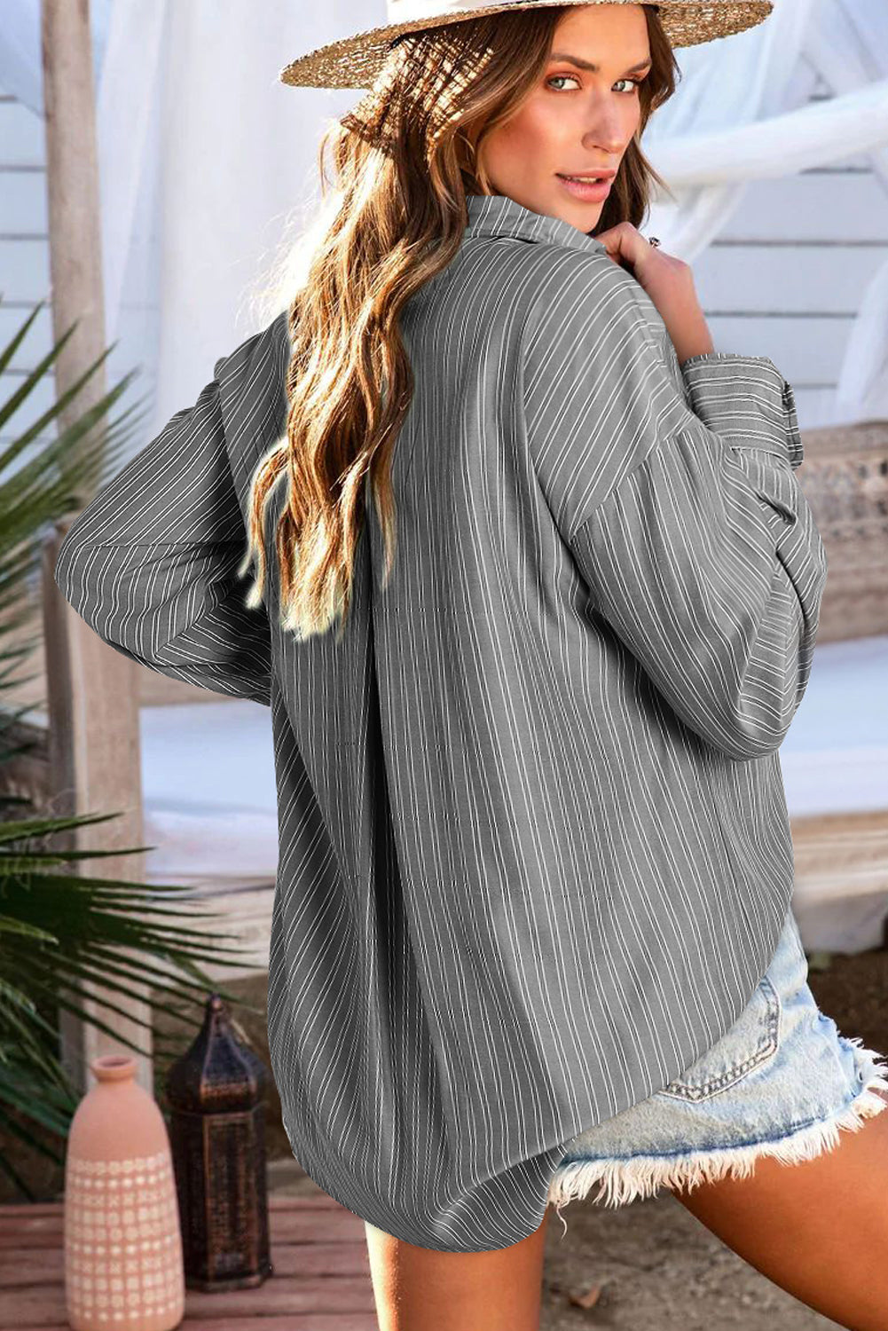 Blue Stripe Button Up Oversized Casual Shirt