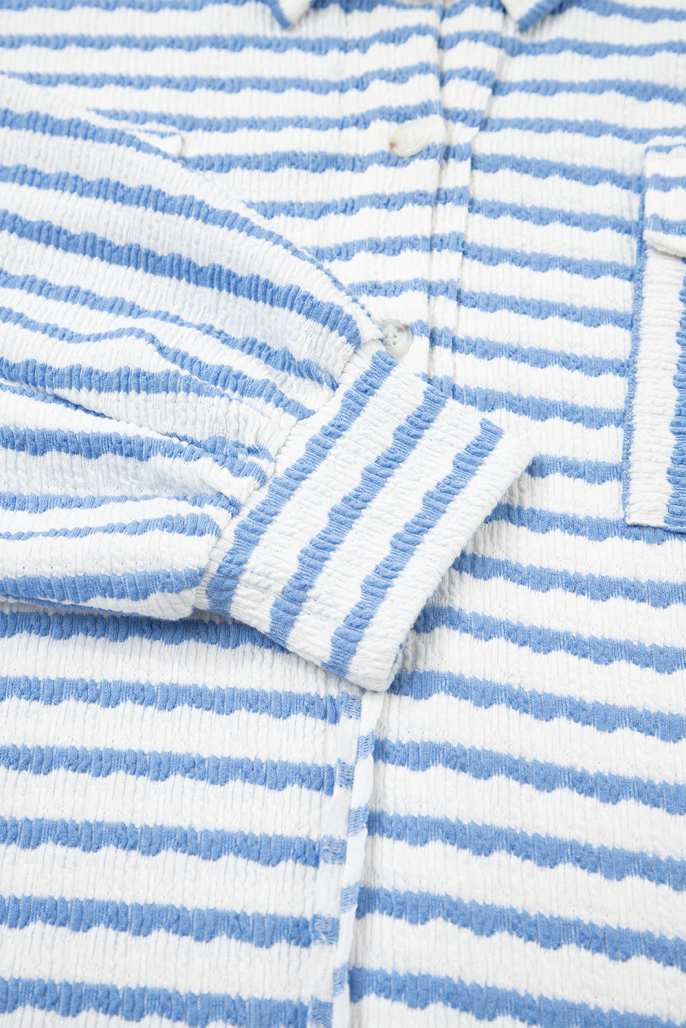 Sky Blue Stripe Half Button Collared Chest Pockets Loose Fit Blouse
