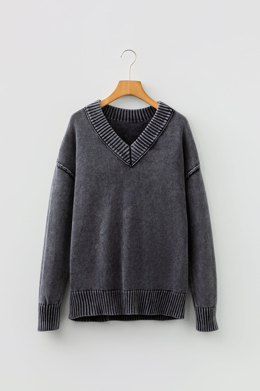 Four Leaf Clover Mineral Wash V Neck Knit Exposed Seam Drop Shoulder Loose Sweater