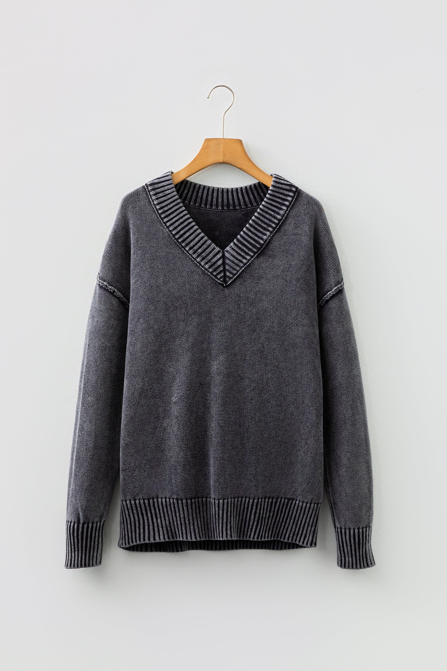 Four Leaf Clover Mineral Wash V Neck Knit Exposed Seam Drop Shoulder Loose Sweater