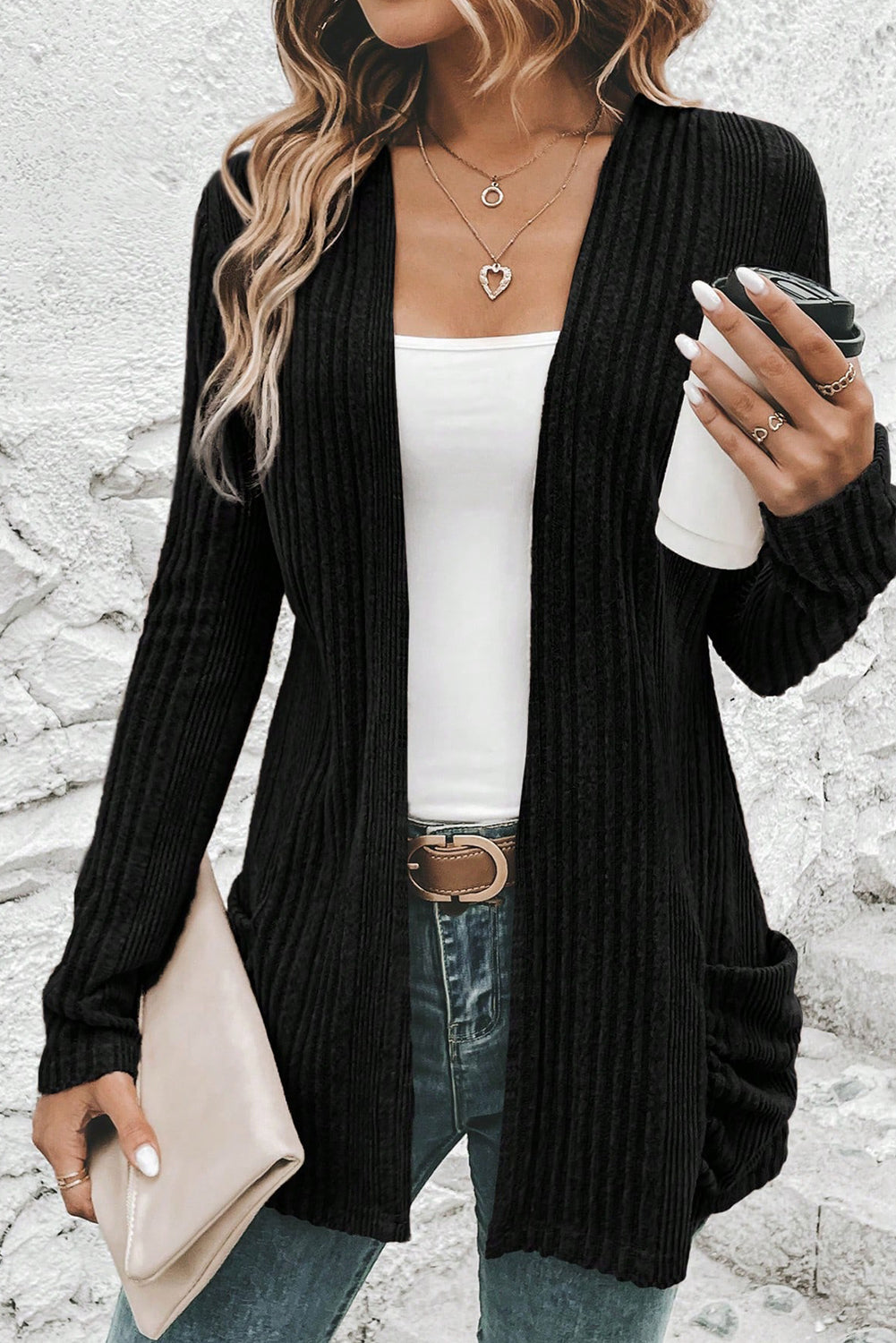 Stone Blue Ribbed Open Front Knitted Top with Pockets