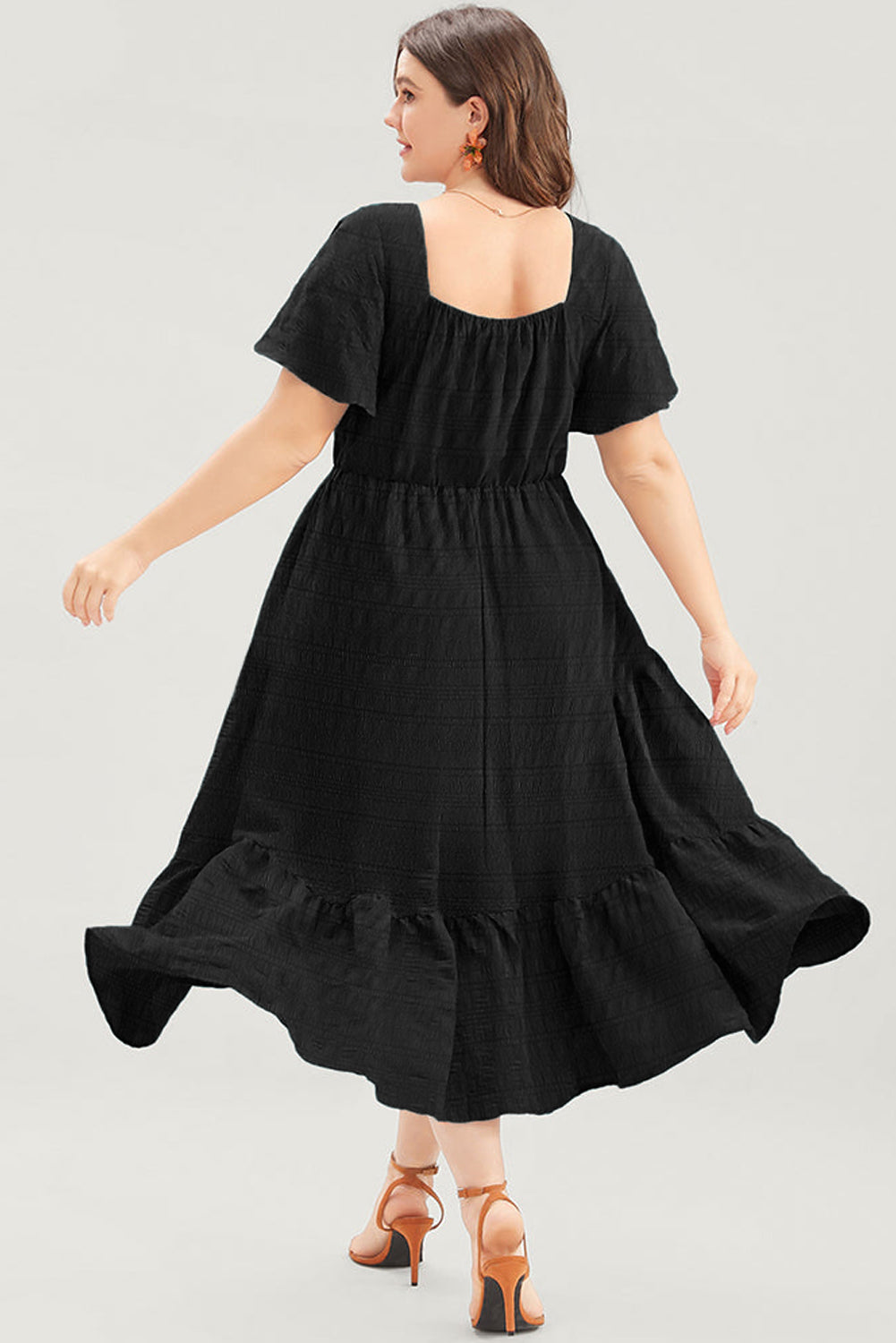Red Plus Size Short Sleeve Lace-up High Waist Midi Dress