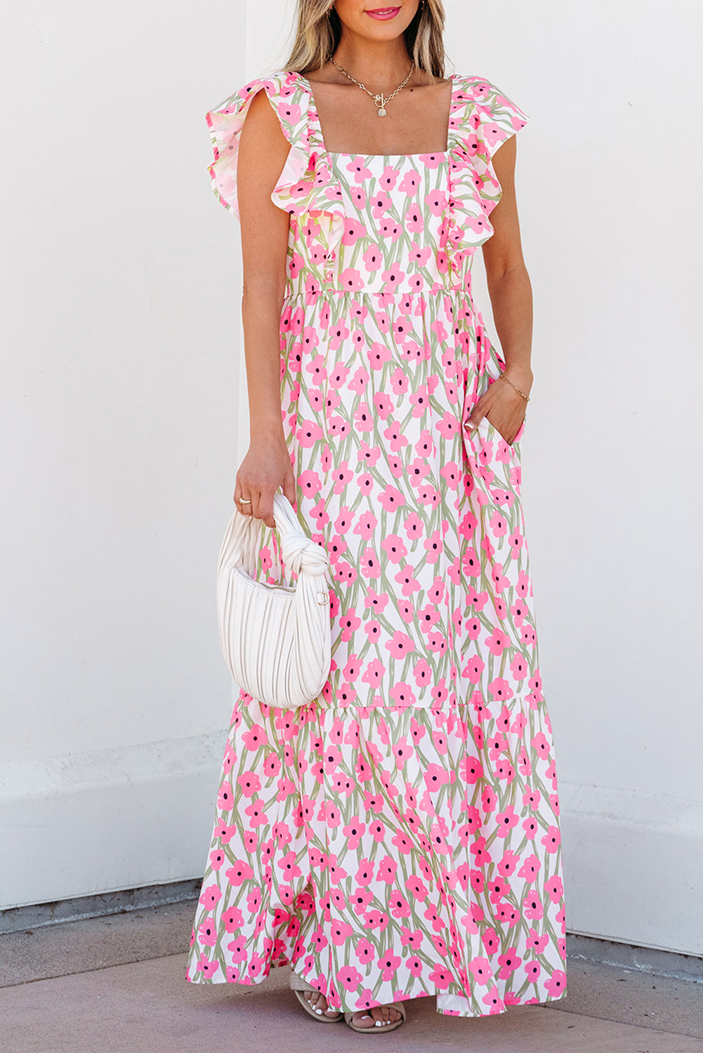 Blue Floral Print Square Neck Ruffled Strap Maxi Dress