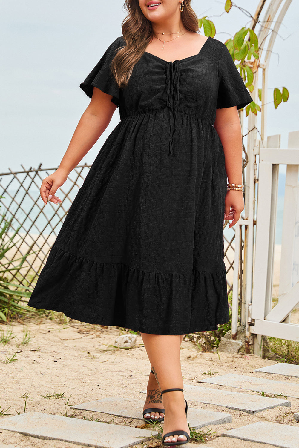 Red Plus Size Short Sleeve Lace-up High Waist Midi Dress