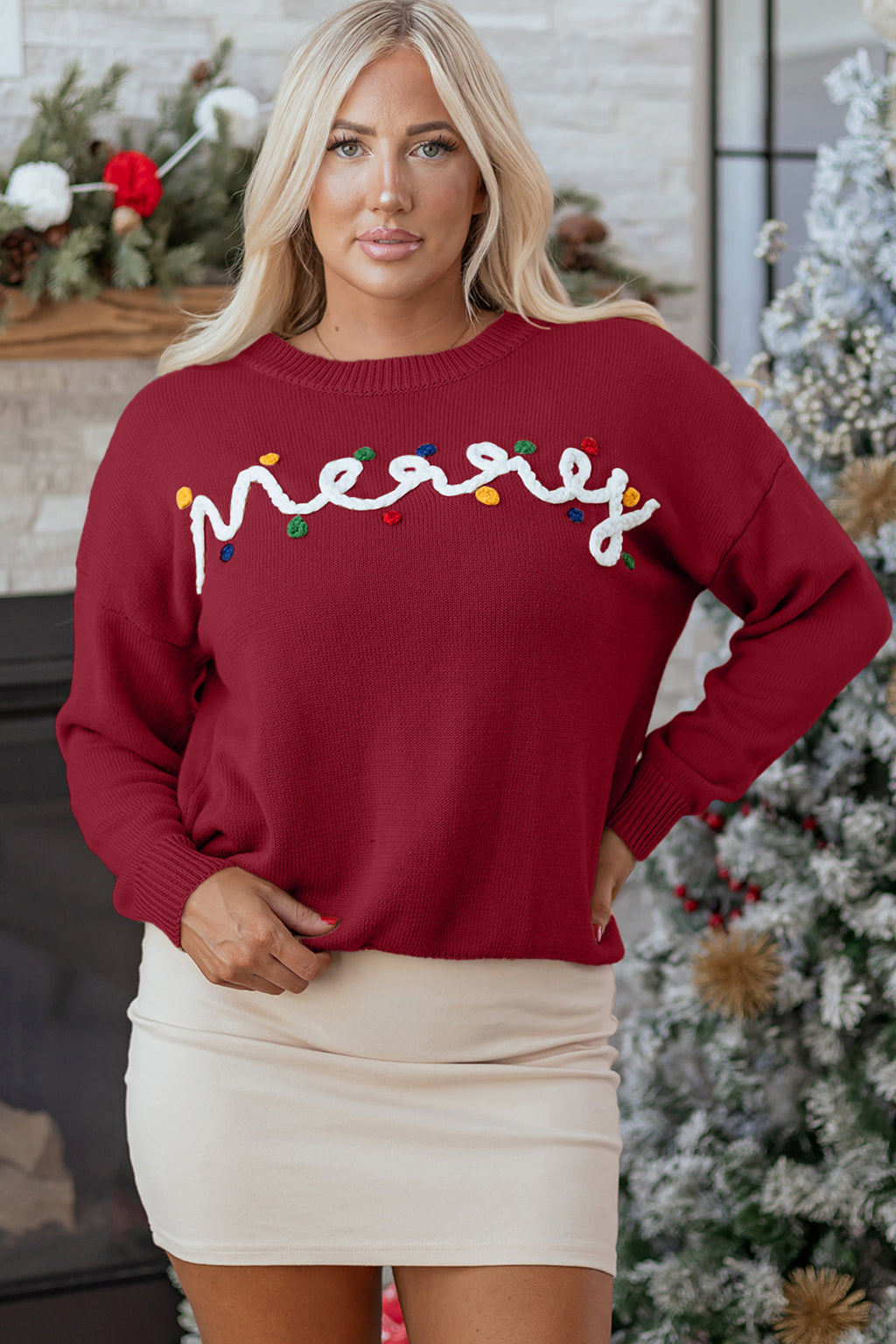 Smoke Gray Merry Colorful Dot Detail Christmas Drop Shoulder Sweater