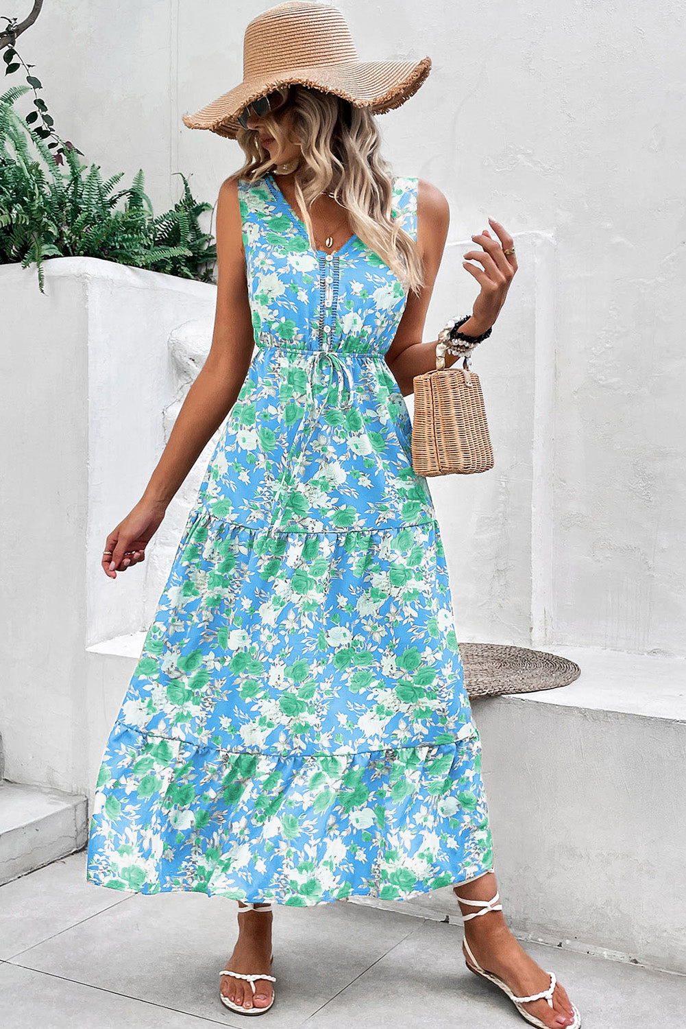 Green Floral Print Trimmed V Neck Tie Waist Sleeveless Holiday Long Dress