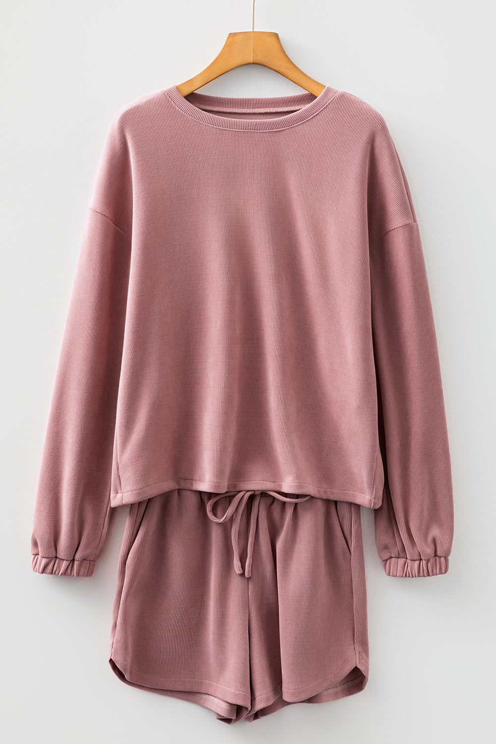 Jet Stream Solid Color Textured Knit Drop Shoulder Pullover Drawstring Shorts Set