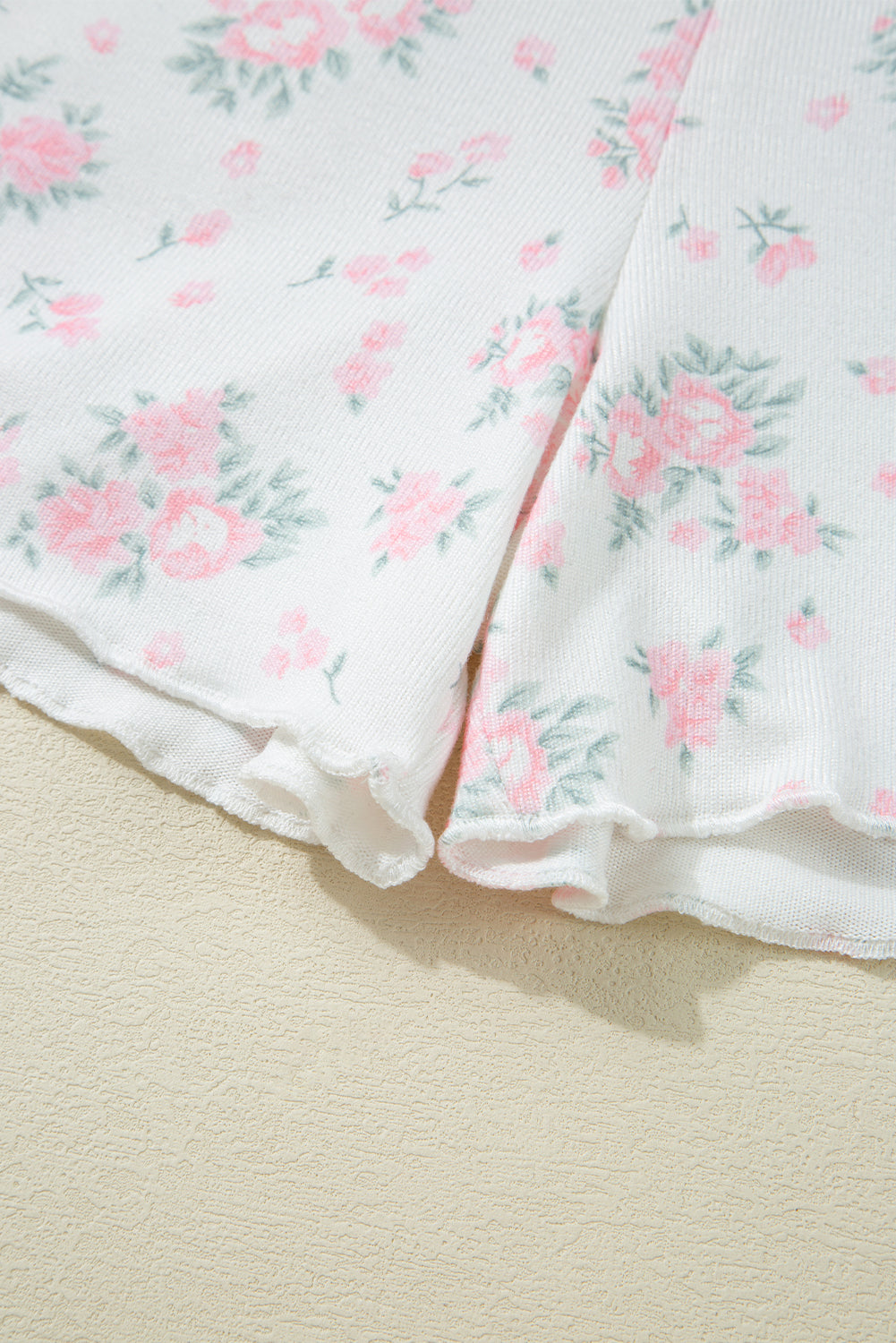 Pink Floral Lettuce Trim Tee and Shorts Ribbed Lounge Set