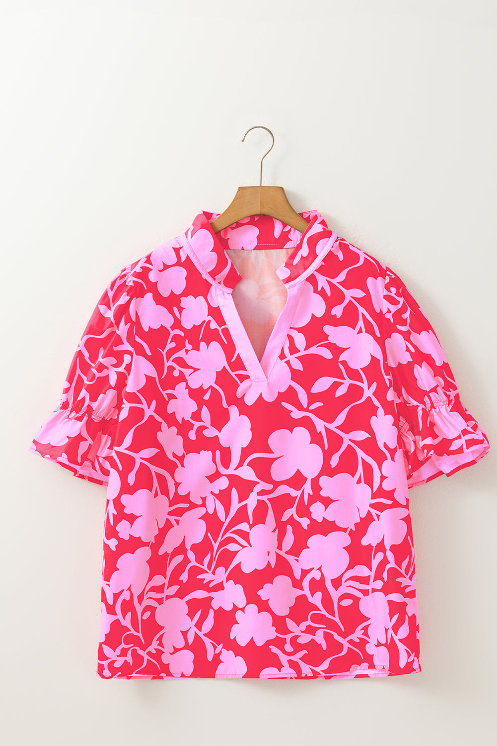 Red Floral Three Quarter Sleeves Ruffle Hem Mini Dress