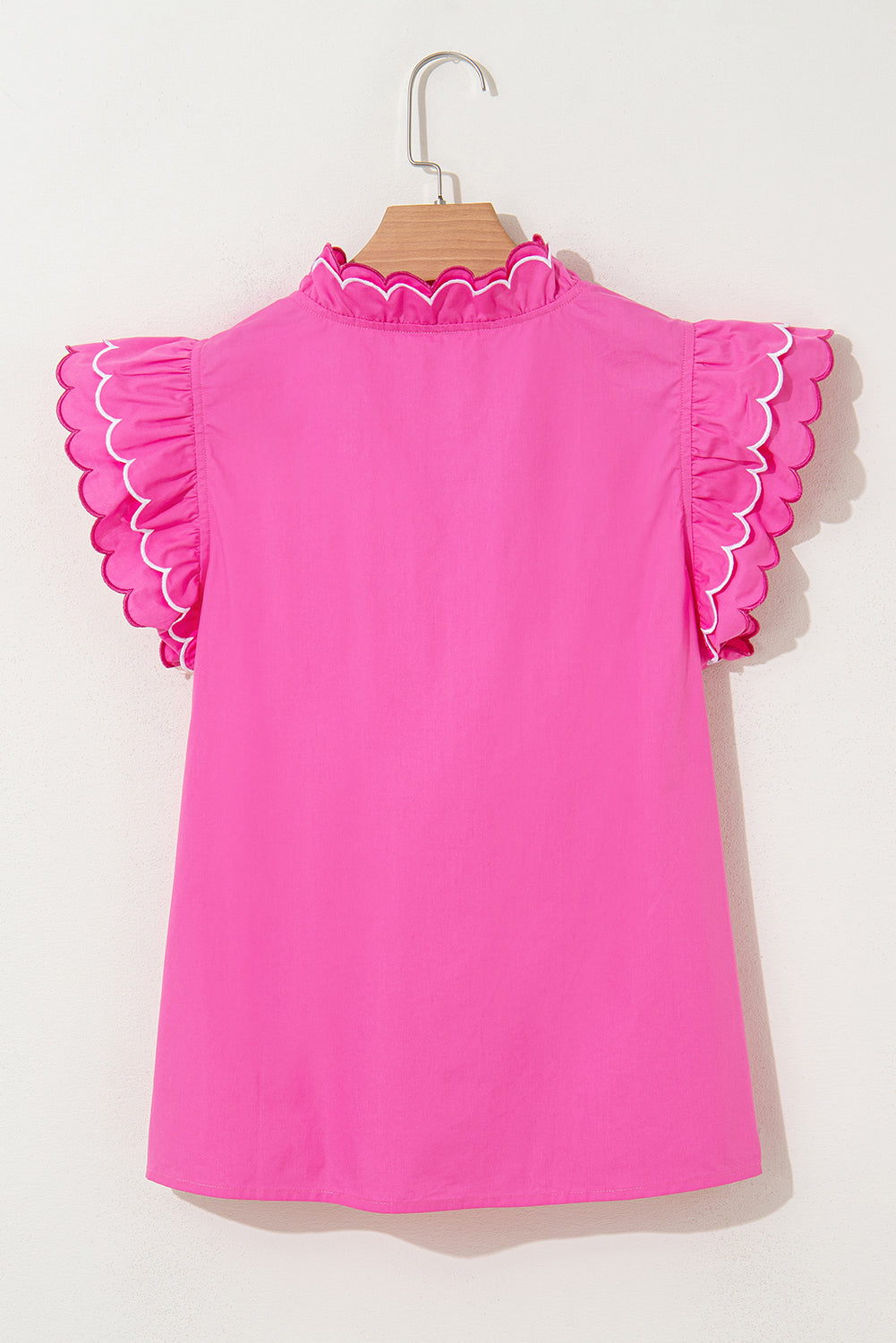Blue Wild Flower Print Contrast Trim Scallop Detail Short Sleeve Blouse