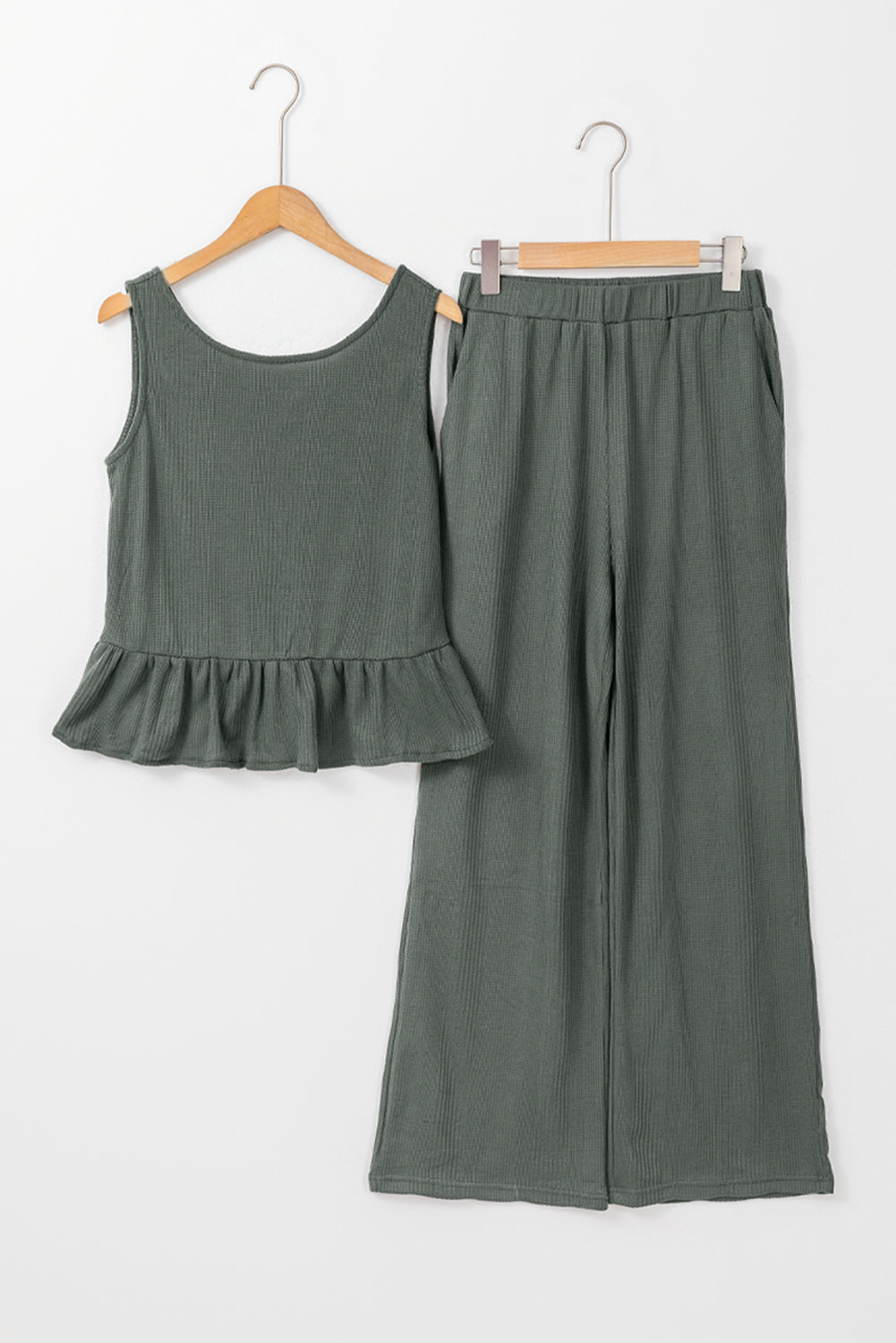 Beau Blue Solid Color Ribbed Ruffle Tank Top and Pants Set