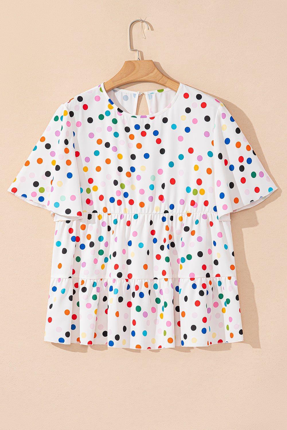 White Colorful Polka Dot Short Sleeve Tiered Ruffled Babydoll Blouse