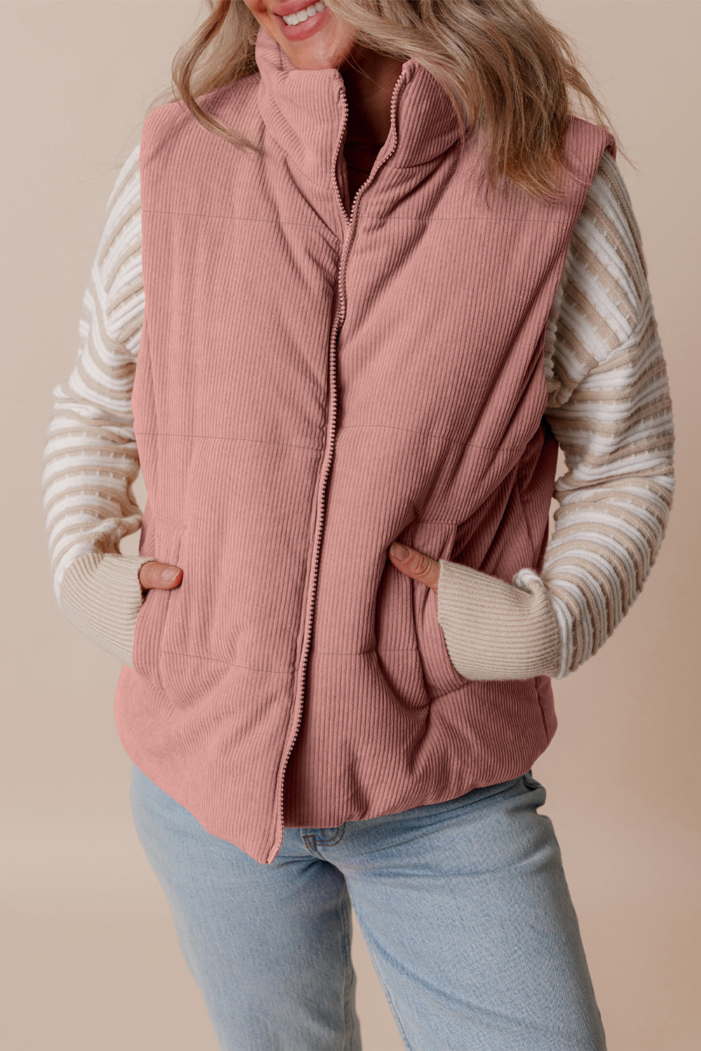 Beige Corduroy Stand Neck Zipped Puffer Vest