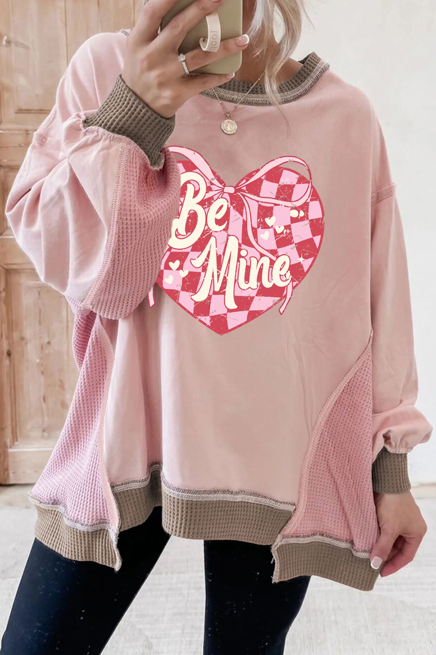 Light Pink Color Block Mix Texture Waffle Patchwork Oversize Sweatshirt