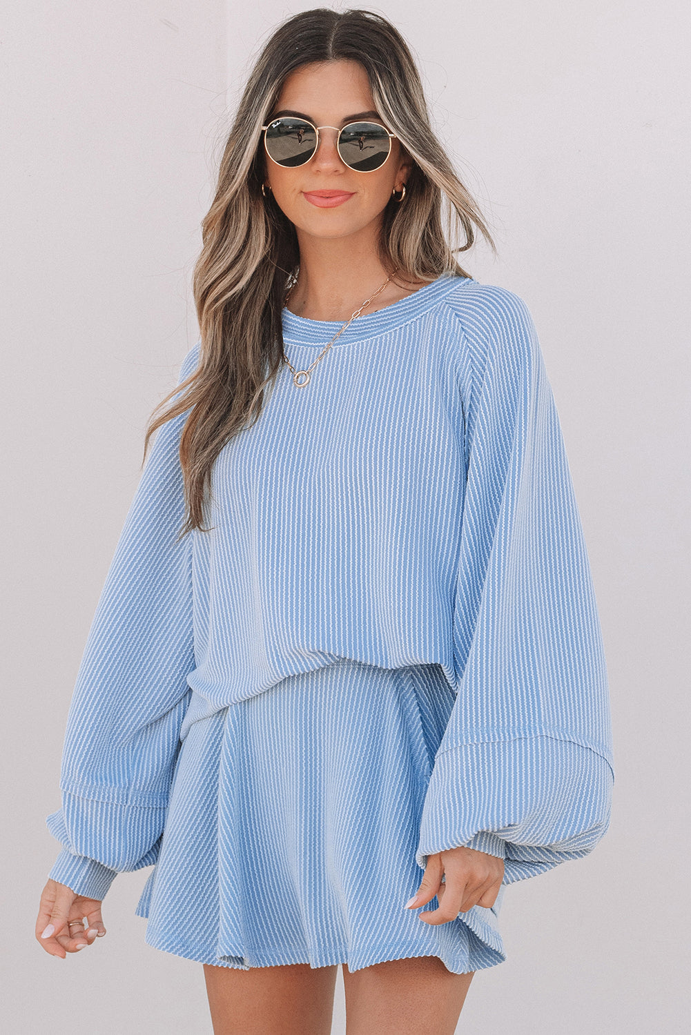 Jet Stream Corded Lantern Sleeve Top High Waist Ruffled Mini Skort Set