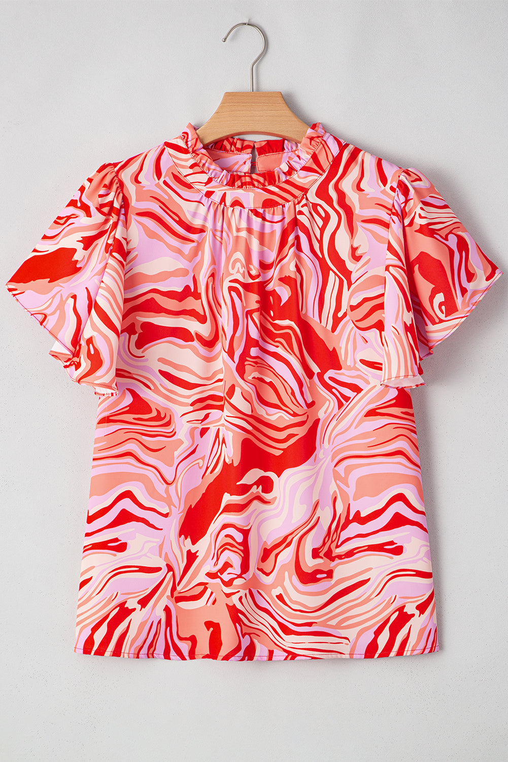 Red Abstract Print Ruffled Short Sleeve Mock Neck Blouse