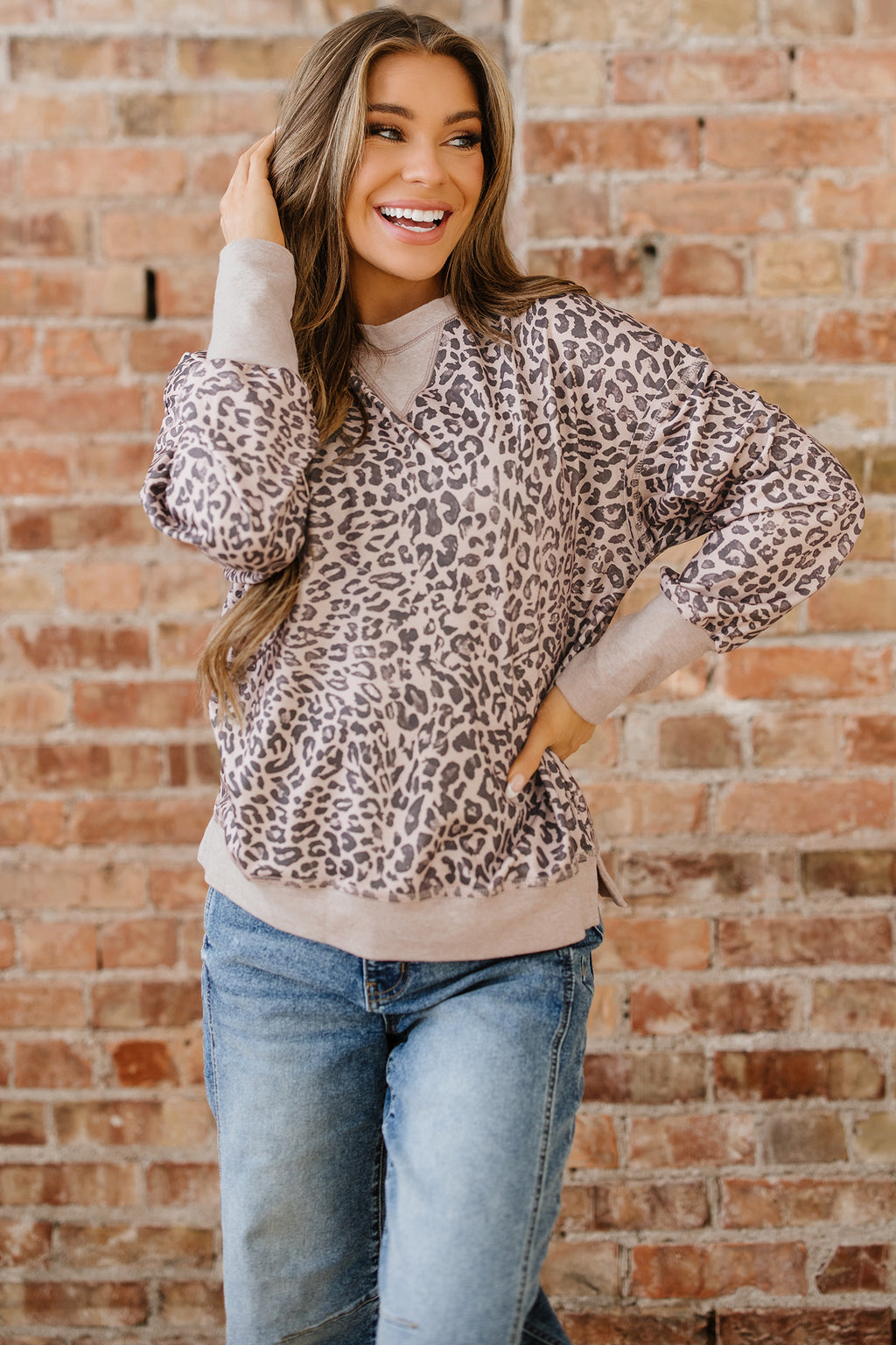 Brown Leopard Print Patchwork Crew Neck Sweatshirt