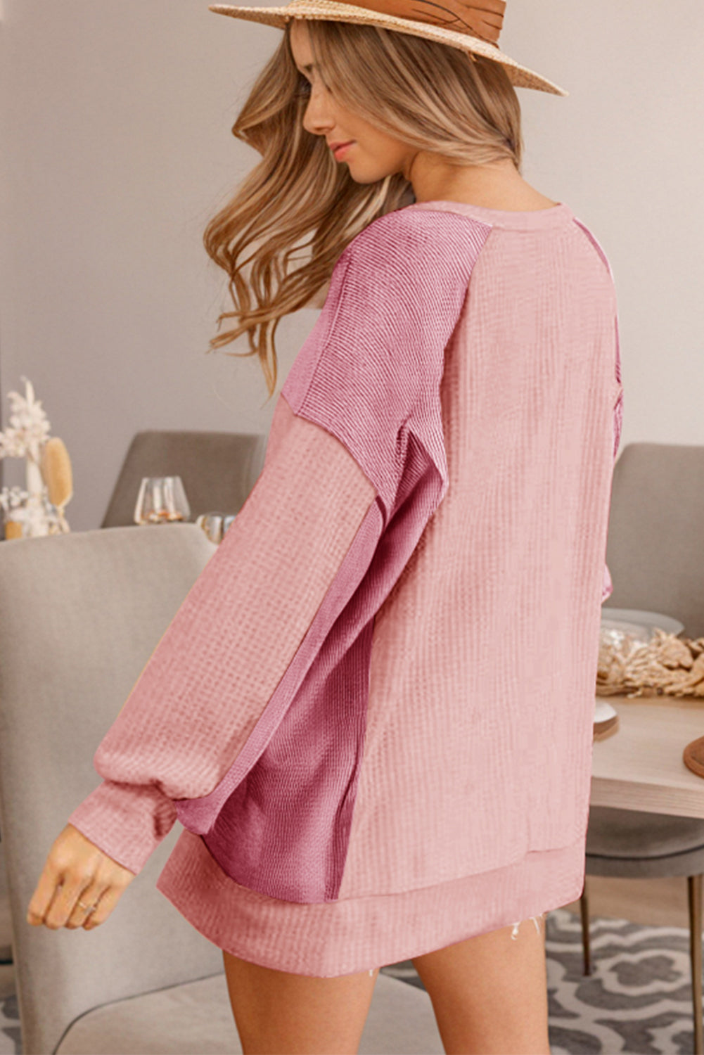 White Color Block Waffle High Low Raglan Sleeve Sweatshirt