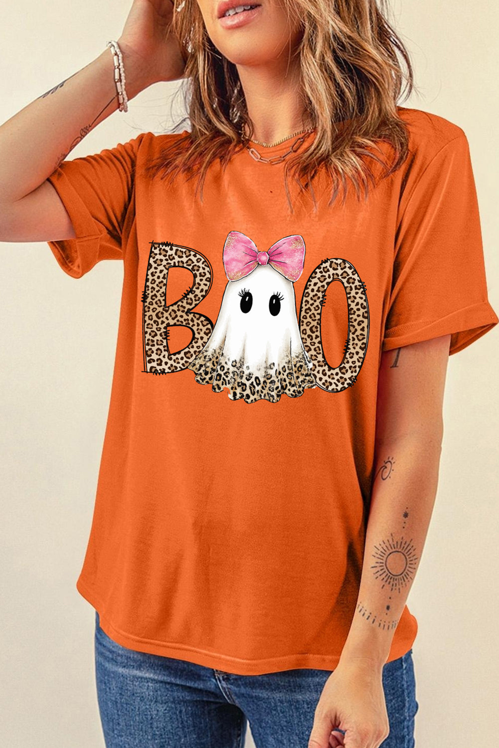 Orange BOO Leopard Letter Print Halloween Ghost T Shirt