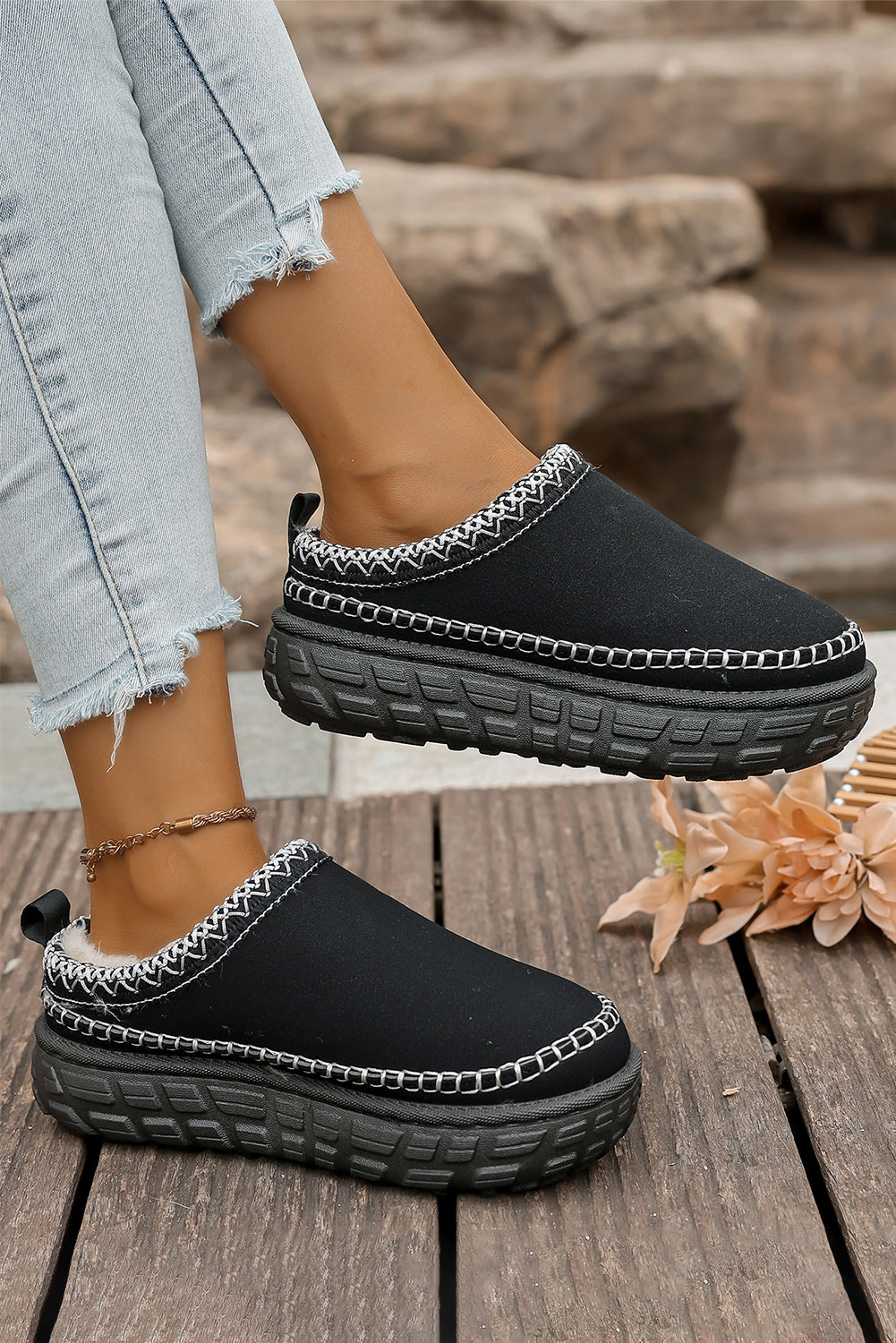 Coffee Contrast Stitch Detail Faux Suede PU Patchwork Plush Winter Clog Slippers