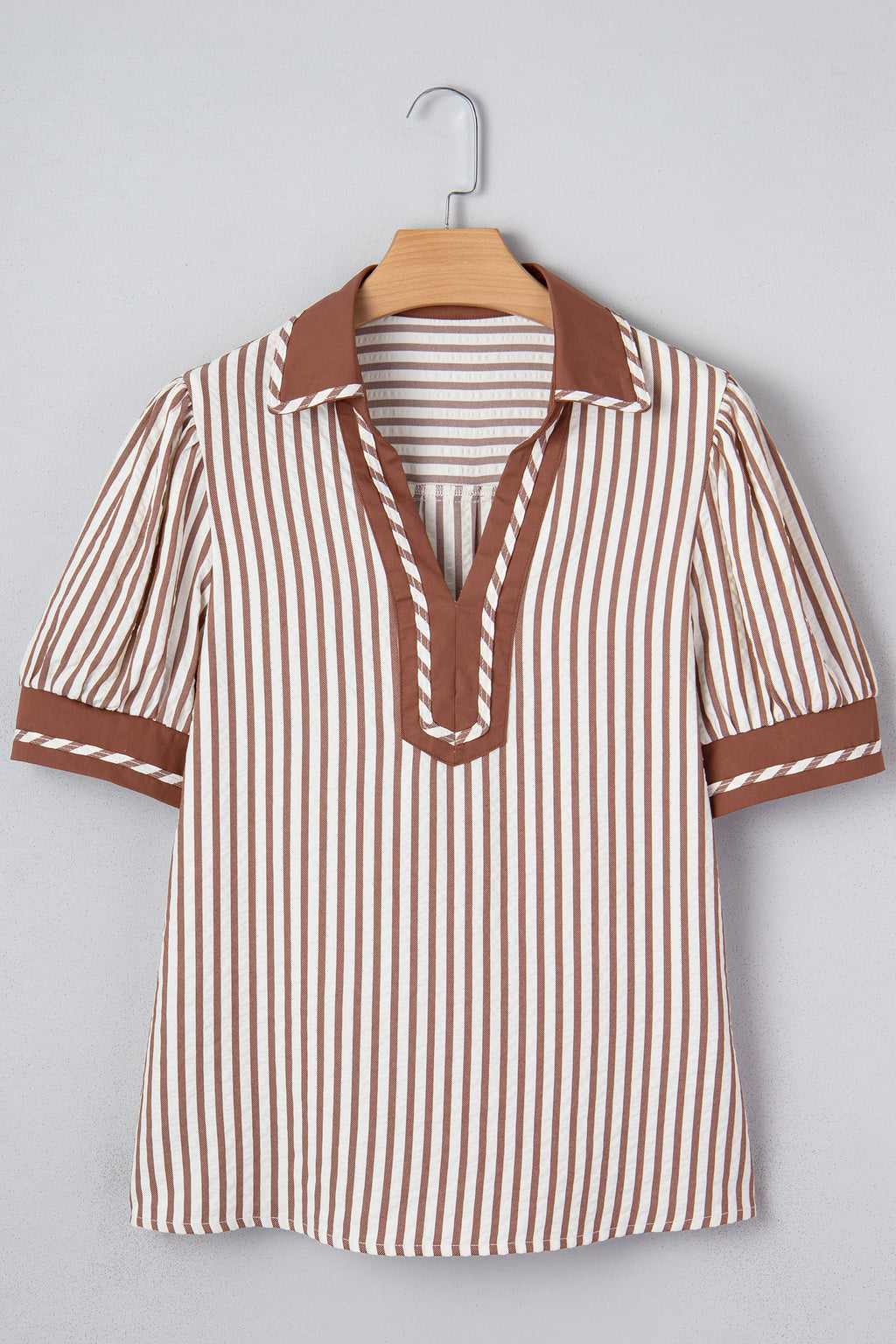 Black Stripe Collared Split Neck Short Bubble Sleeve Blouse